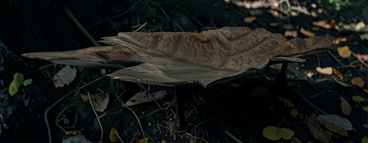 Authentic Au Fer Forge handcrafted maple leaf iron tray from Quebec. Vintage brutalist Canadian metalwork with original label and flame patina finish.