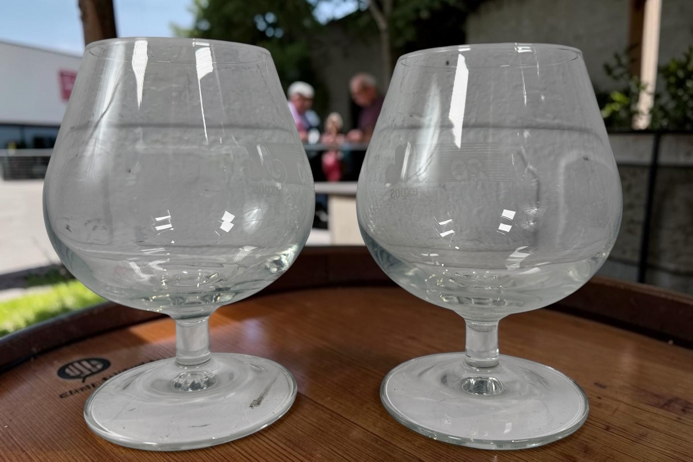 Vintage Montreal Expos 20th Anniversary snifter glasses, set of two made in France. Rare Quebec baseball memorabilia celebrating 20 years of Expos history.