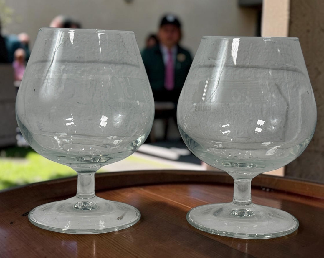 Vintage Montreal Expos 20th Anniversary snifter glasses, set of two made in France. Rare Quebec baseball memorabilia celebrating 20 years of Expos history.
