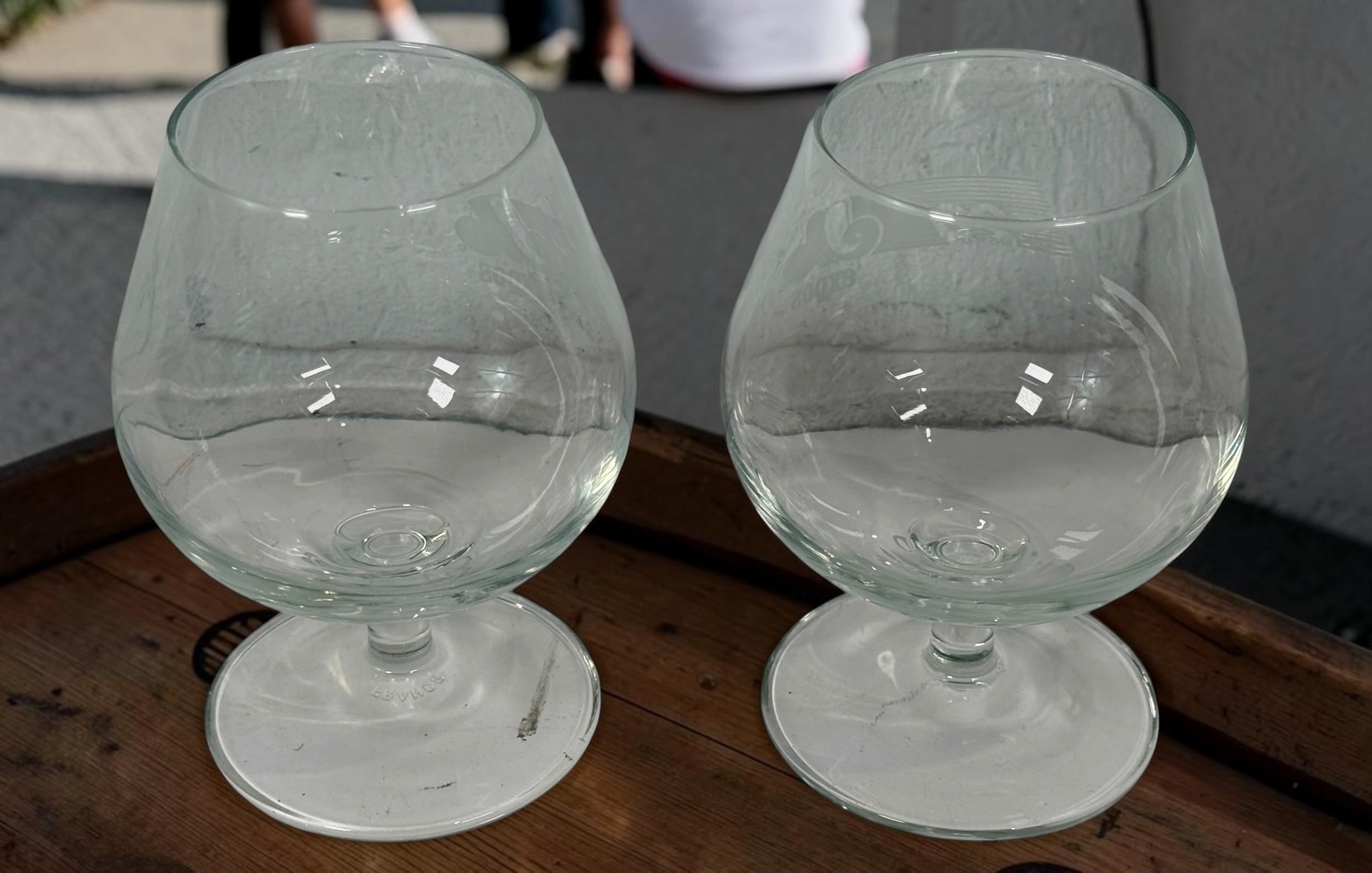 Vintage Montreal Expos 20th Anniversary snifter glasses, set of two made in France. Rare Quebec baseball memorabilia celebrating 20 years of Expos history.