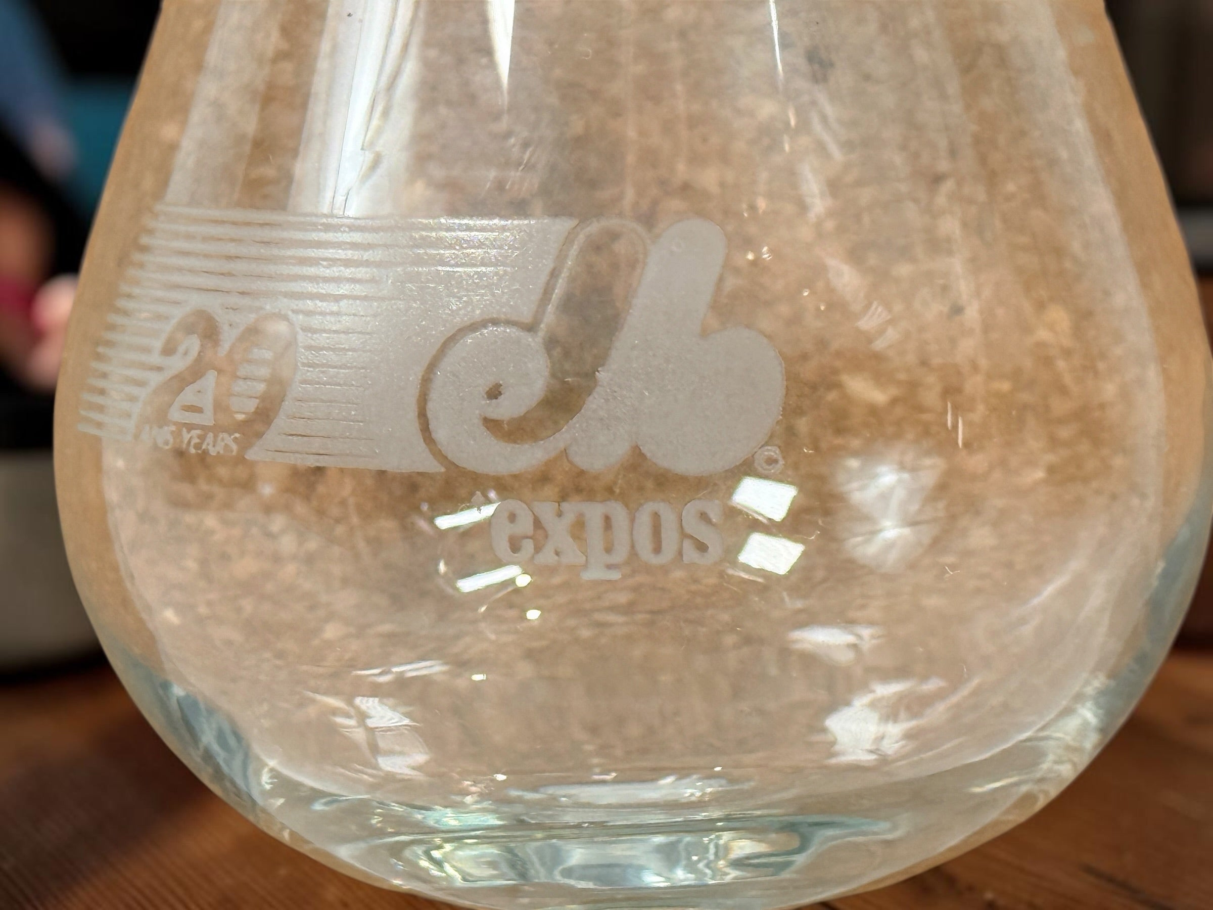 Vintage Montreal Expos 20th Anniversary snifter glasses, set of two made in France. Rare Quebec baseball memorabilia celebrating 20 years of Expos history.
