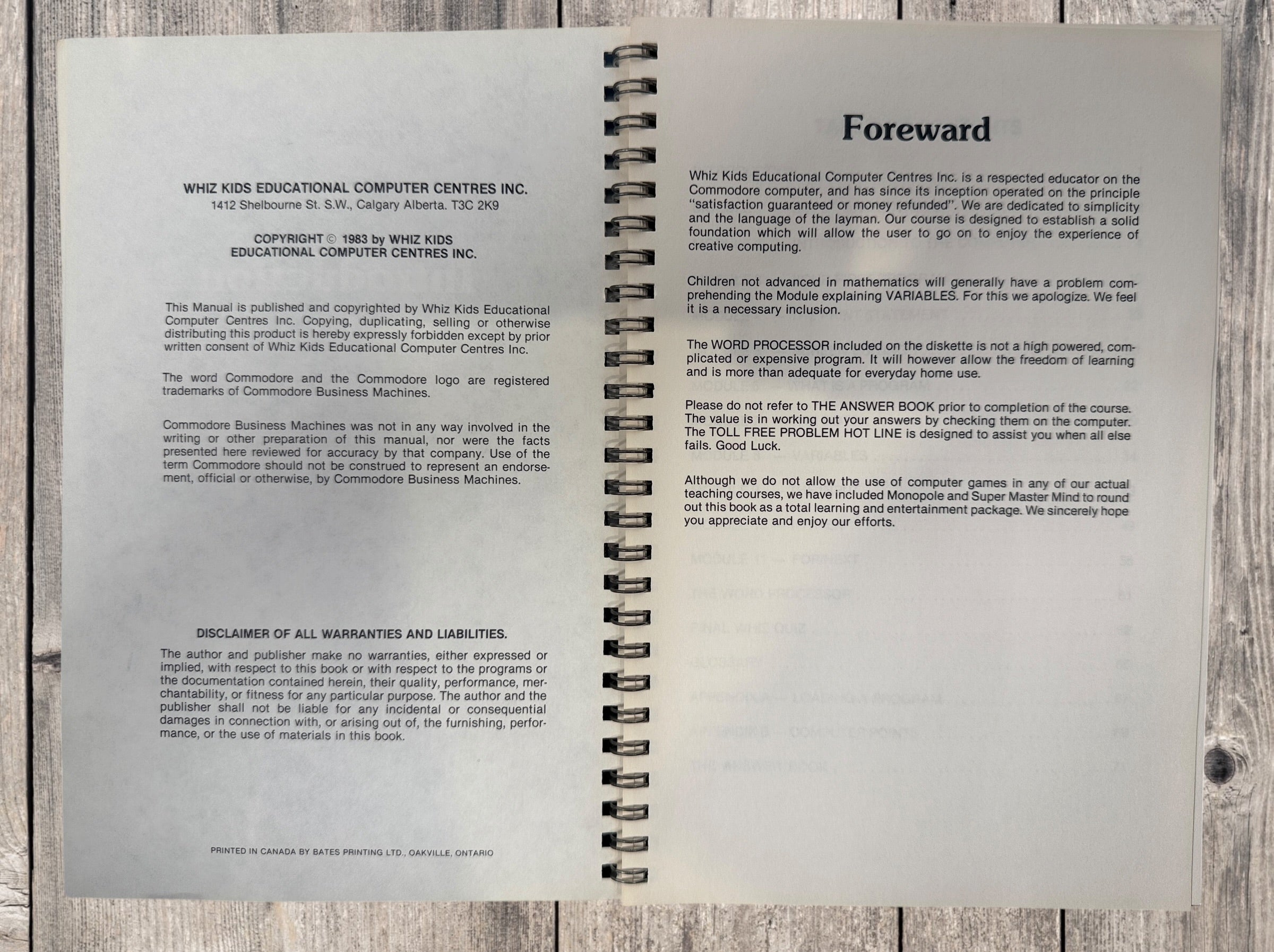 Original 1983 Whiz Kids Commodore 64 BASIC programming course manual with original 5¼-inch floppy disk. Rare Canadian retro computing collectible.