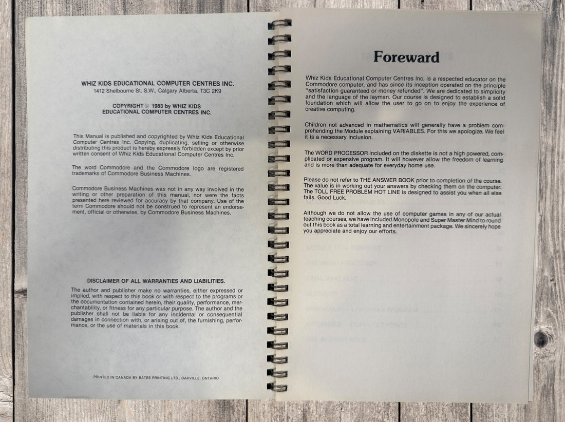 Original 1983 Whiz Kids Commodore 64 BASIC programming course manual with original 5¼-inch floppy disk. Rare Canadian retro computing collectible.
