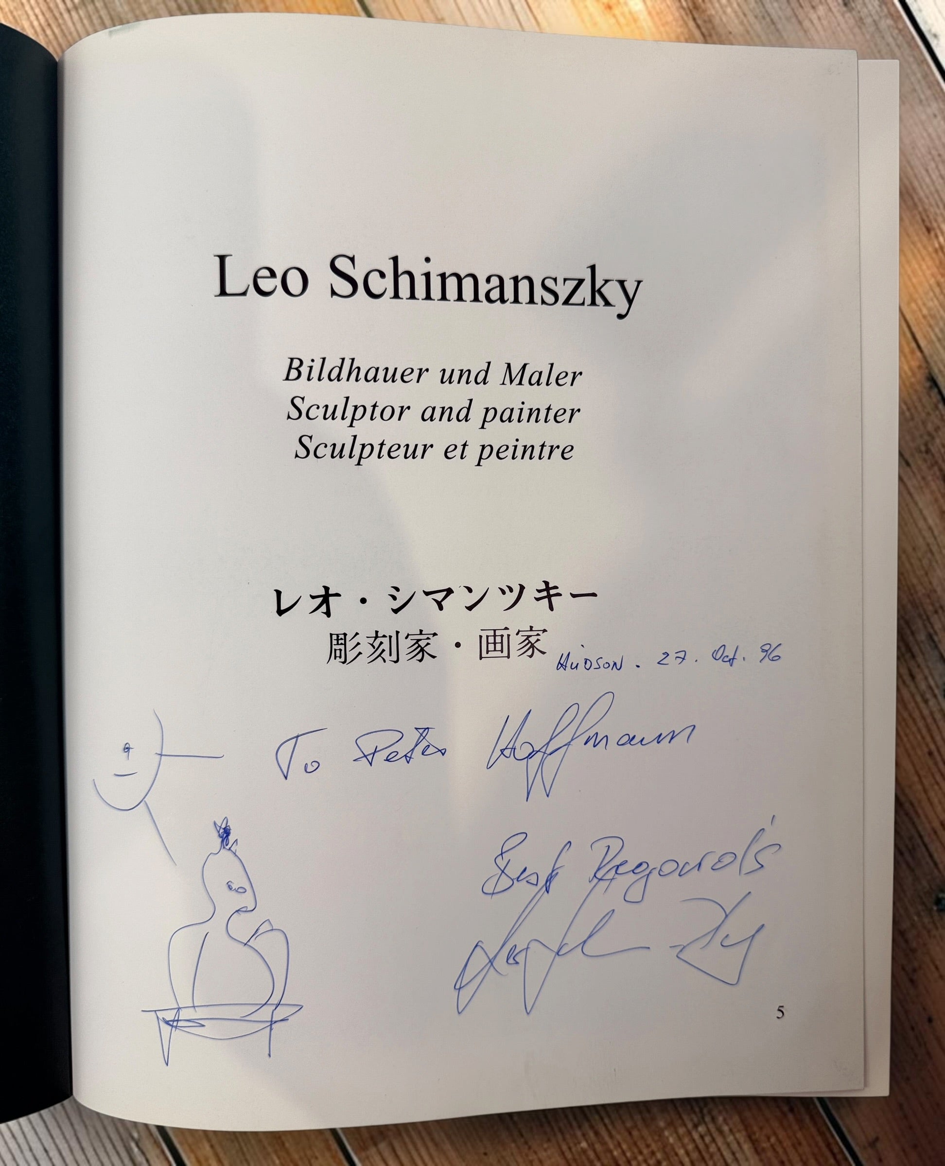 Signed Leo Schimanszky exhibition catalogue featuring sculpture and painting, with artist inscription and original sketch. Rare multilingual art reference book.