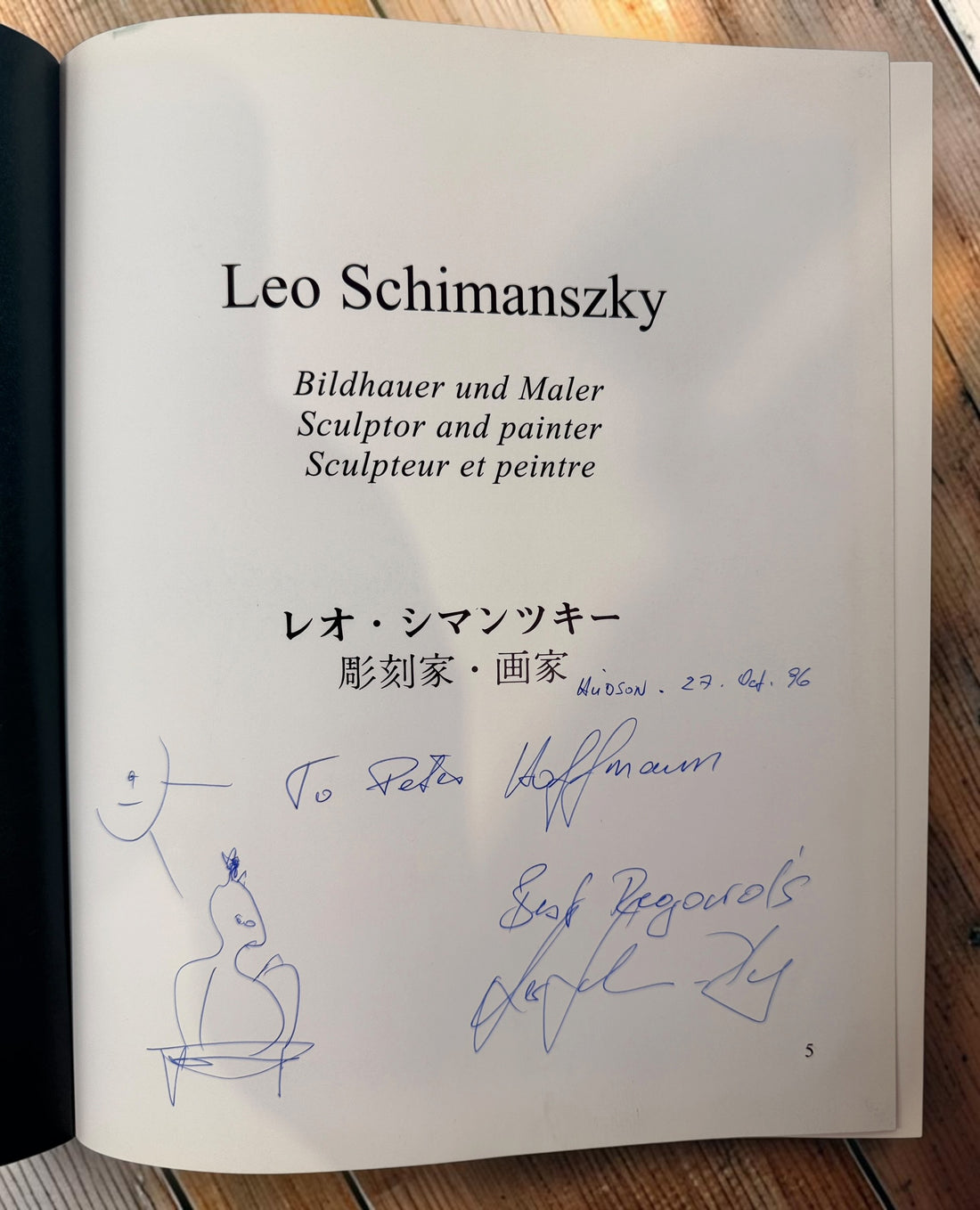 Signed Leo Schimanszky exhibition catalogue featuring sculpture and painting, with artist inscription and original sketch. Rare multilingual art reference book.