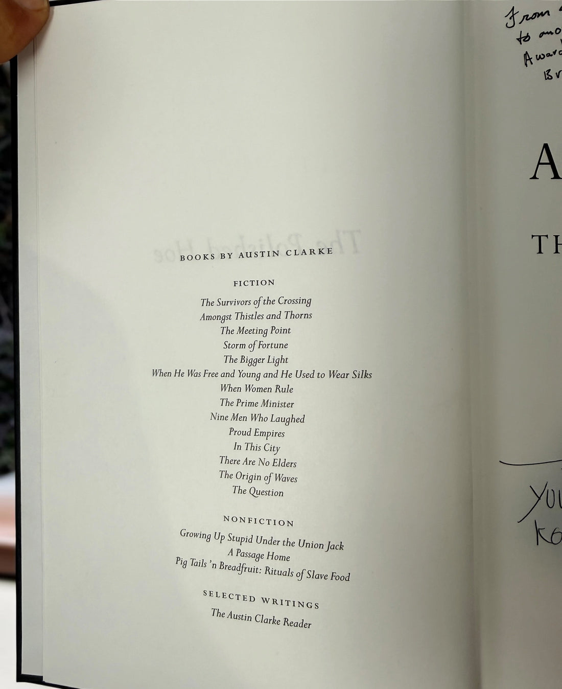 Signed Austin Clarke The Polished Hoe hardcover novel from 2002. Inscribed by the author and dated publication year. Collectible Canadian literary first-era edition.