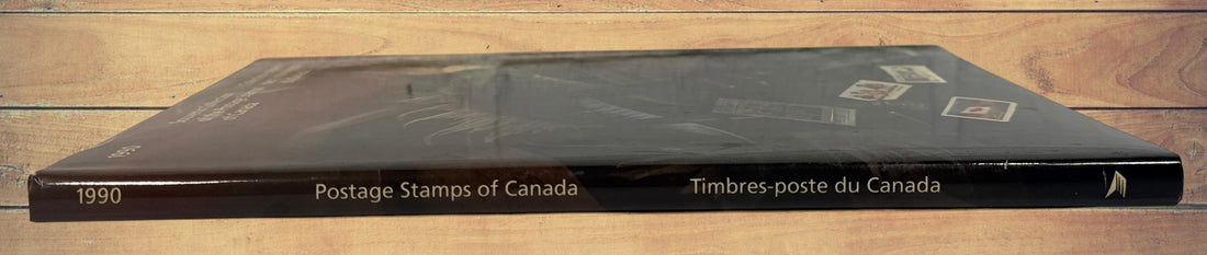 Complete Canada Post 1990 Souvenir Collection album featuring original Canadian stamps, bilingual content, historical notes, and philatelic reference material.