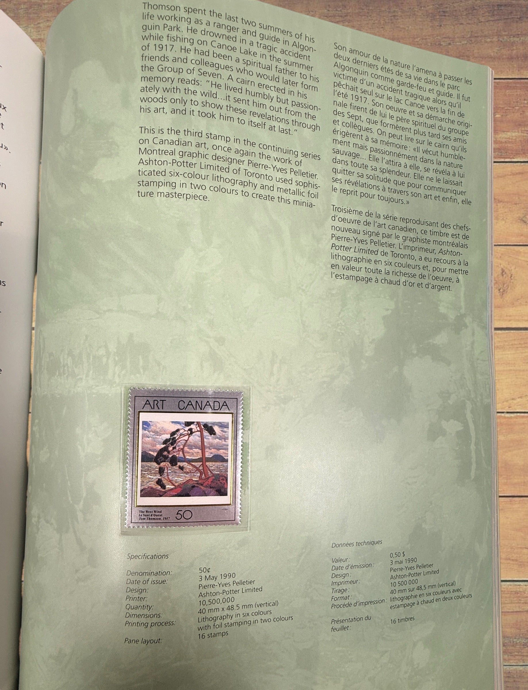 Complete Canada Post 1990 Souvenir Collection album featuring original Canadian stamps, bilingual content, historical notes, and philatelic reference material.