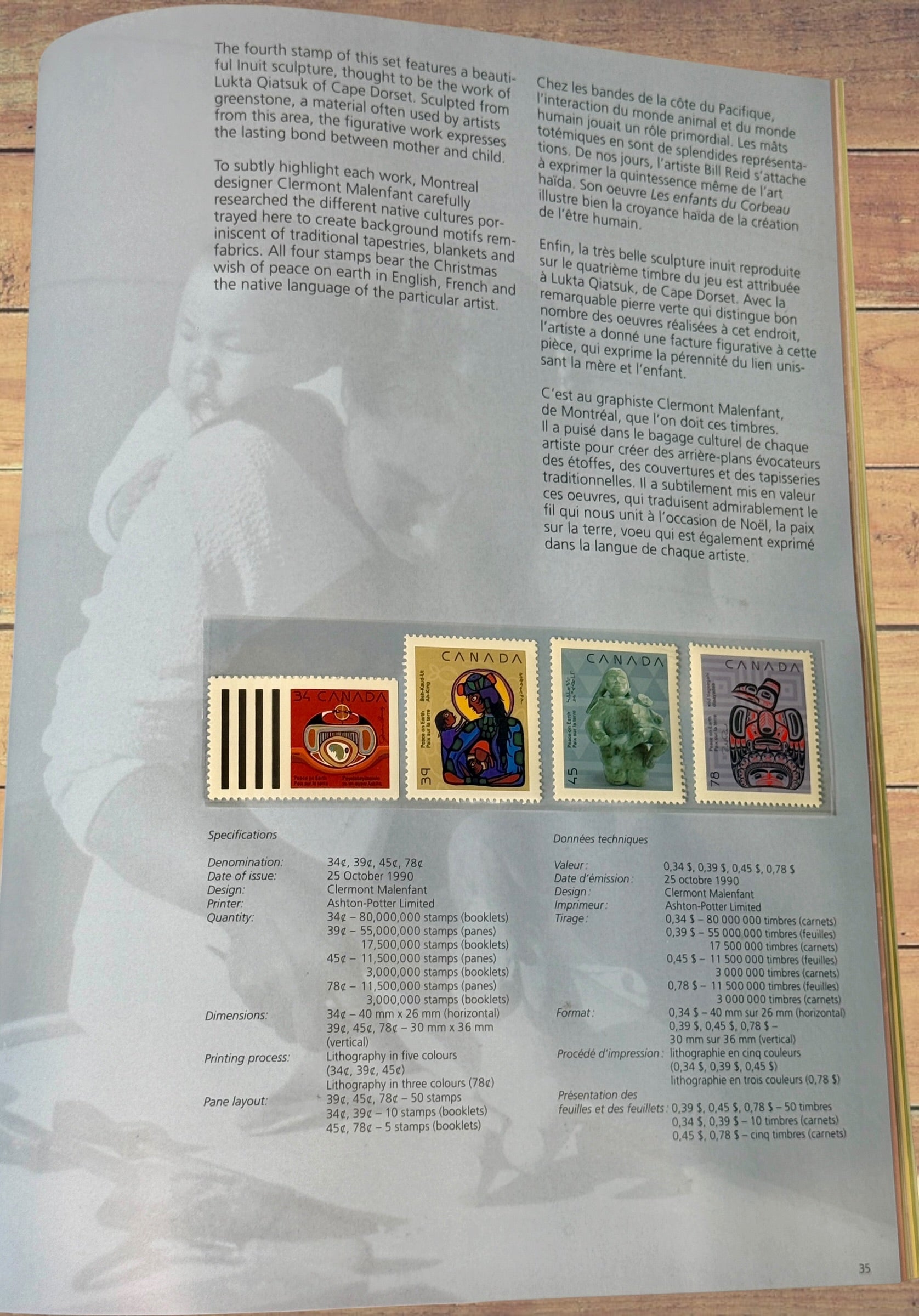 Complete Canada Post 1990 Souvenir Collection album featuring original Canadian stamps, bilingual content, historical notes, and philatelic reference material.