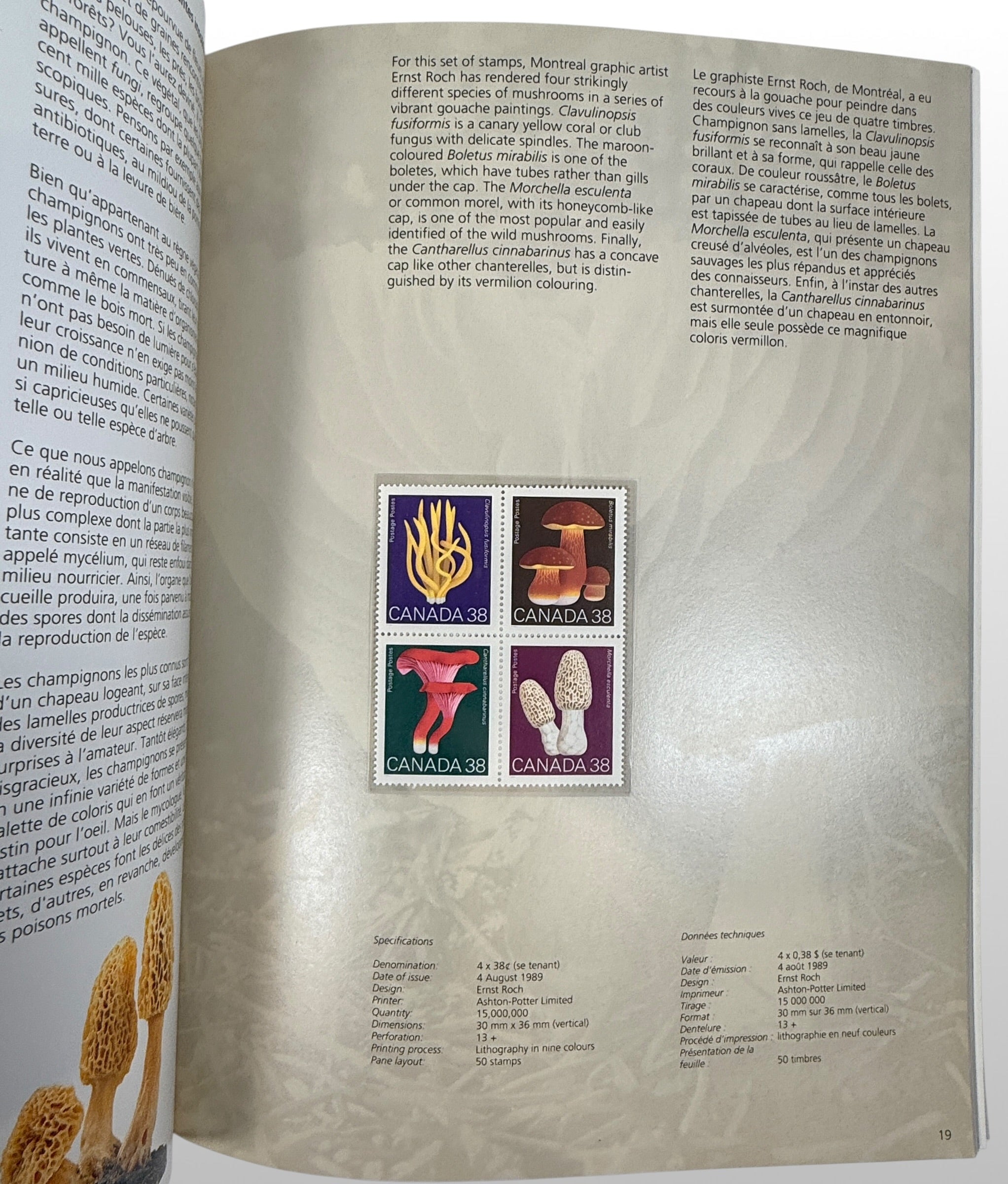 Official Canada Post 1989 stamp collection album featuring complete mounted Canadian postage stamps with bilingual descriptions and philatelic reference material.