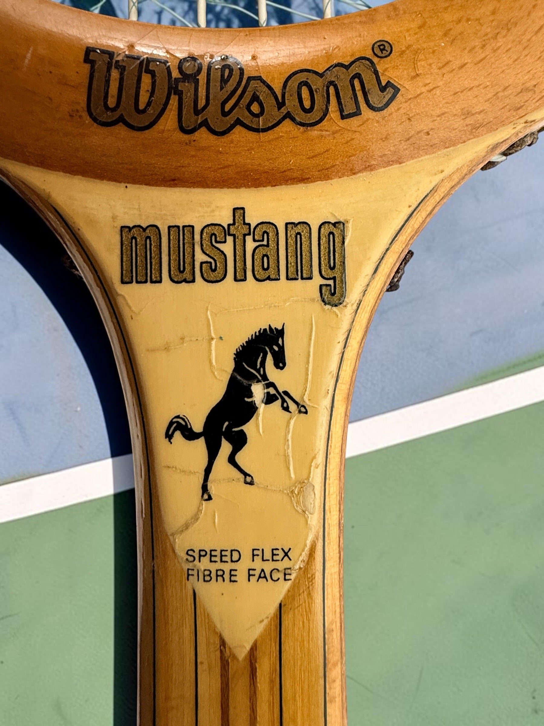 Vintage Wilson Mustang wooden tennis racket with Speed Flex Fibre Face construction. Classic mid-century tennis memorabilia and decorative sports display piece.