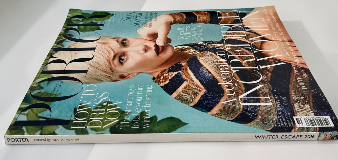 PORTER Magazine Winter Escape 2016 Issue 18 featuring Michelle Williams, luxury fashion editorials, travel features, Bianca Jagger interview, and designer advertising.