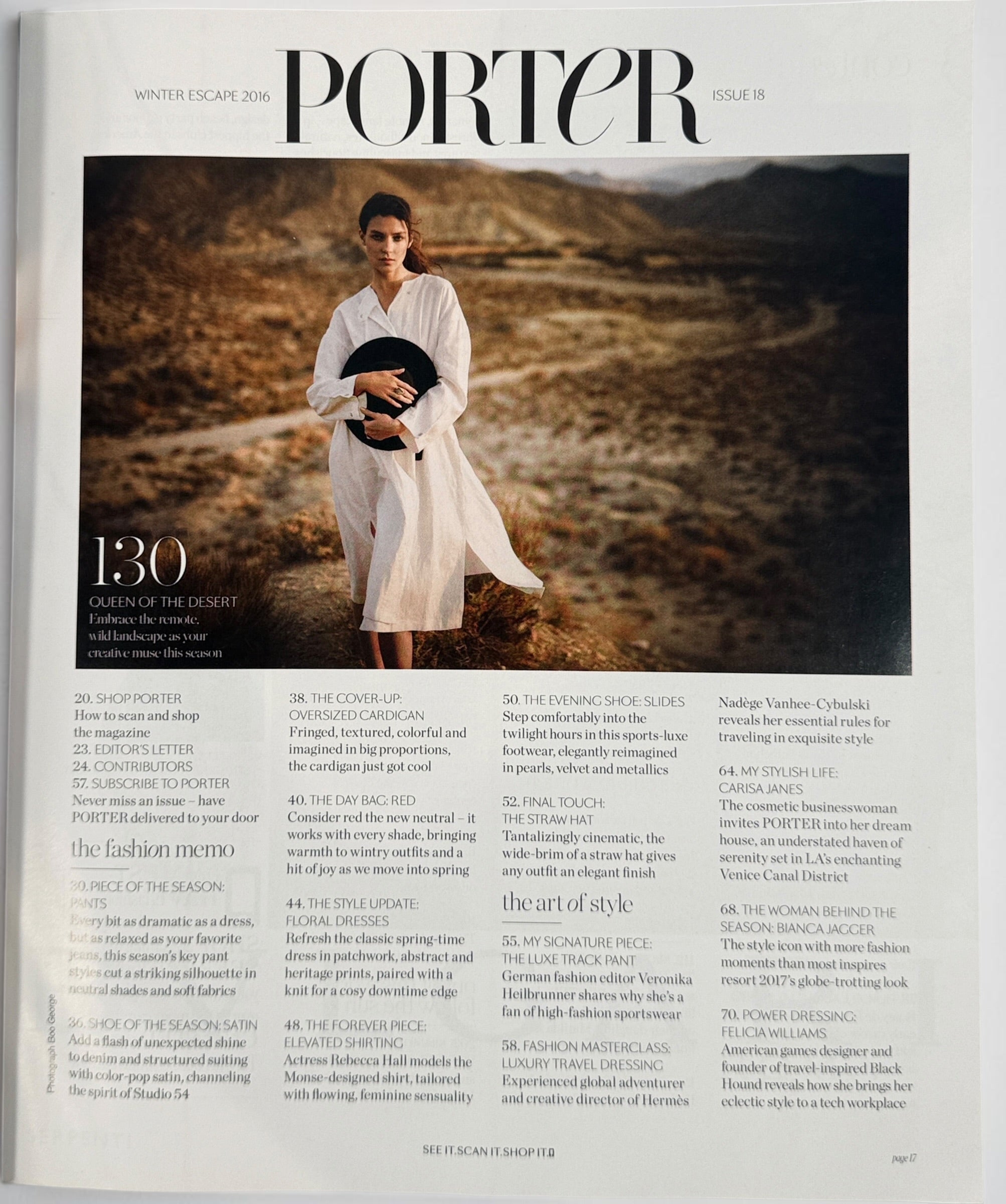 PORTER Magazine Winter Escape 2016 Issue 18 featuring Michelle Williams, luxury fashion editorials, travel features, Bianca Jagger interview, and designer advertising.