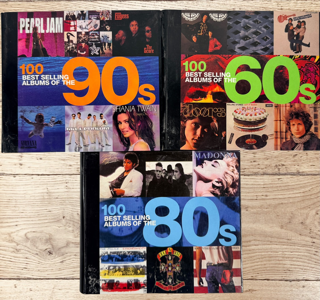 Complete 3-volume 100 Best Selling Albums book set covering the 1960s, 1980s and 1990s. Hardcover music reference books featuring iconic albums and artists.