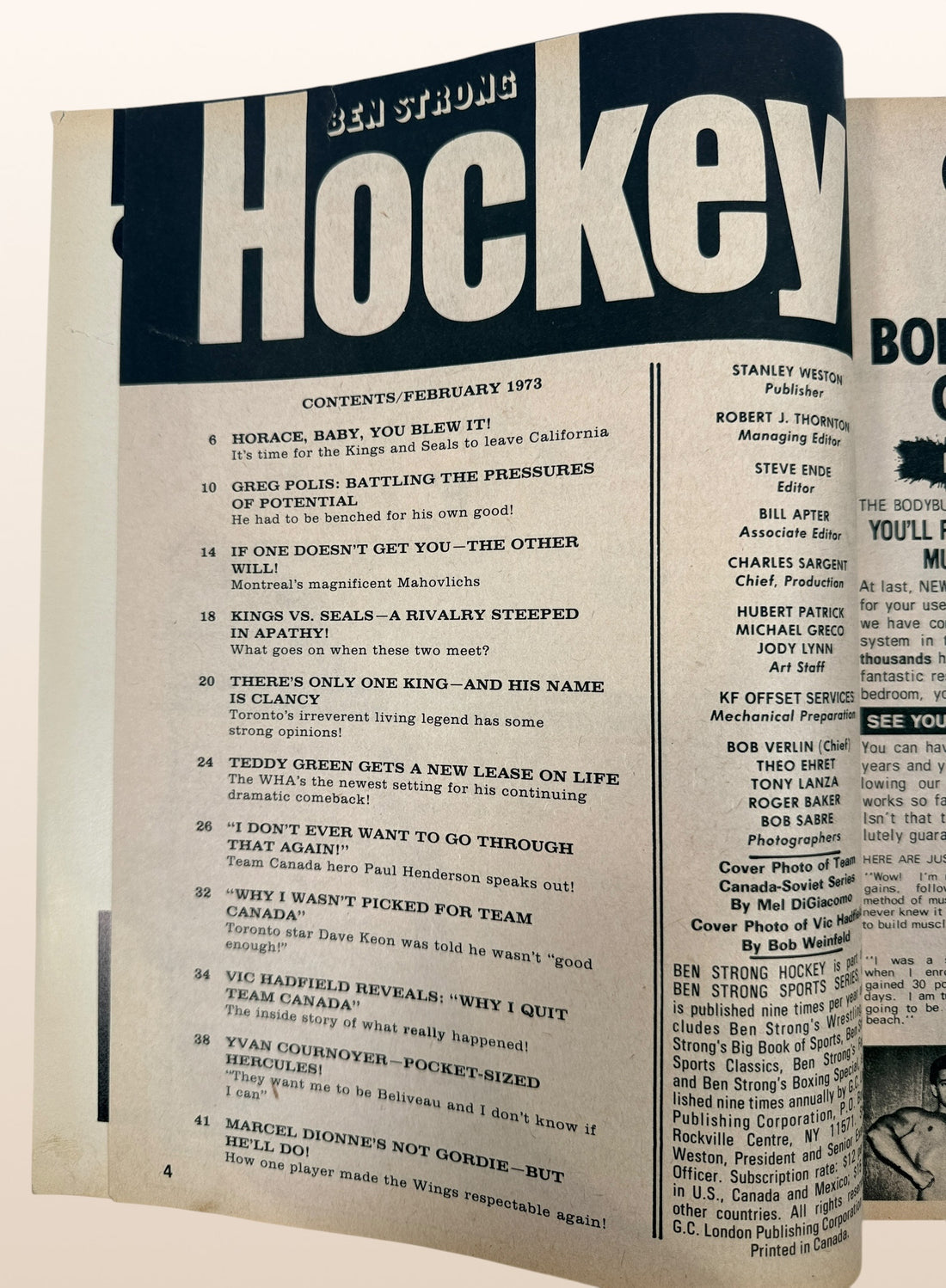 Vintage Ben Strong Hockey magazine February 1973 featuring Paul Henderson, Team Canada vs Soviet Union coverage, Summit Series controversy, Dave Keon and Vic Hadfield interviews.