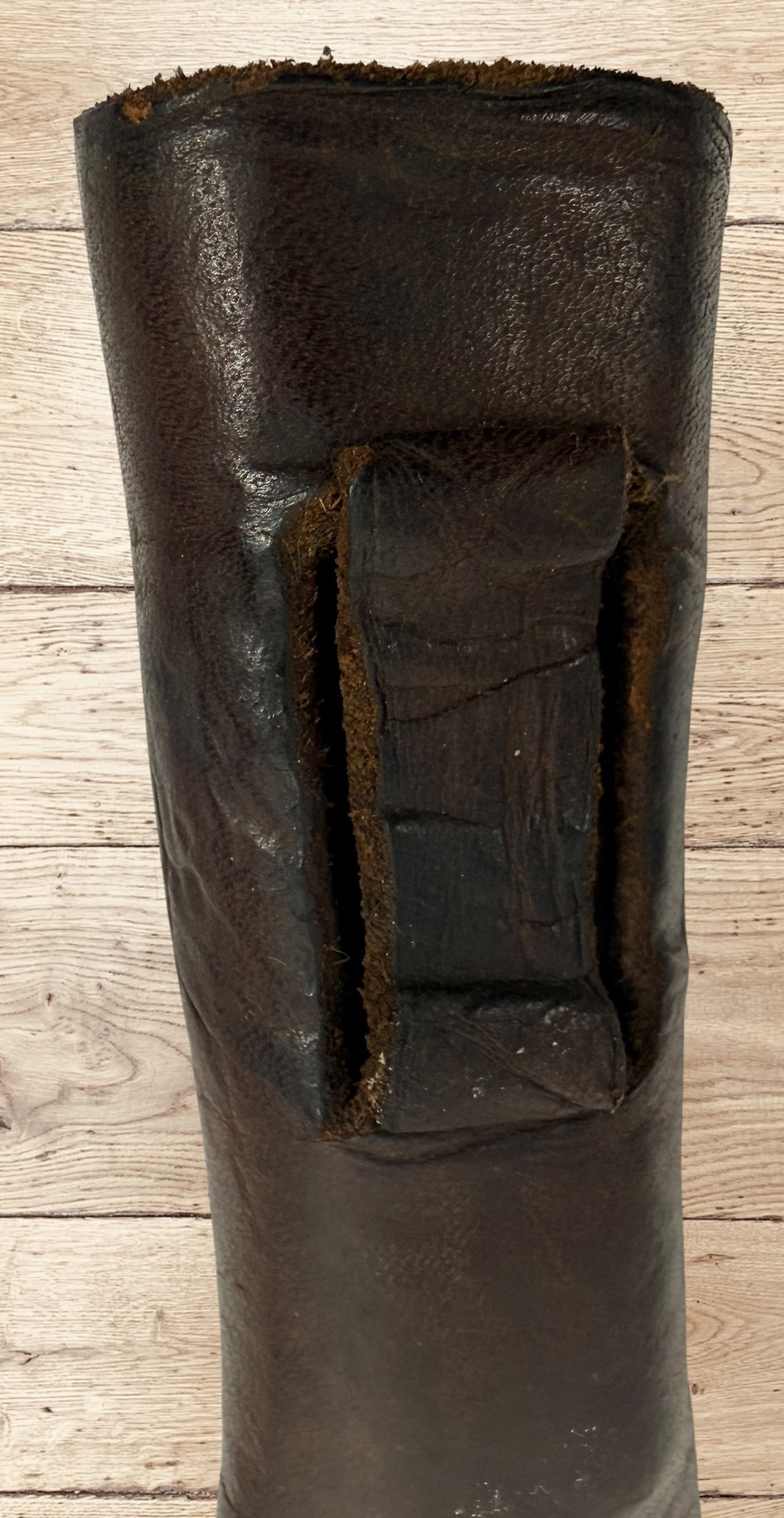 Antique buffalo skinner utility knife with carbon steel blade, hardwood handle, white-metal bolster, and original leather sheath. Classic hunting collectible.