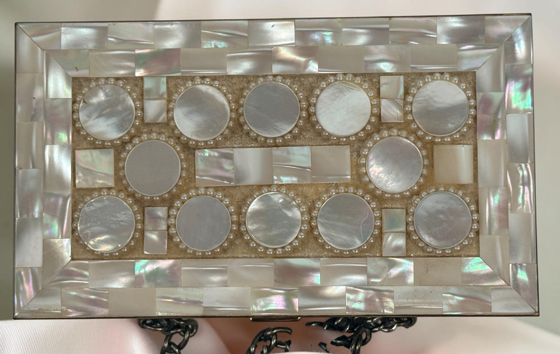 Vintage mother-of-pearl minaudière compact purse with mirror, lipstick holder, and vanity compartments. Elegant mid-century evening accessory.