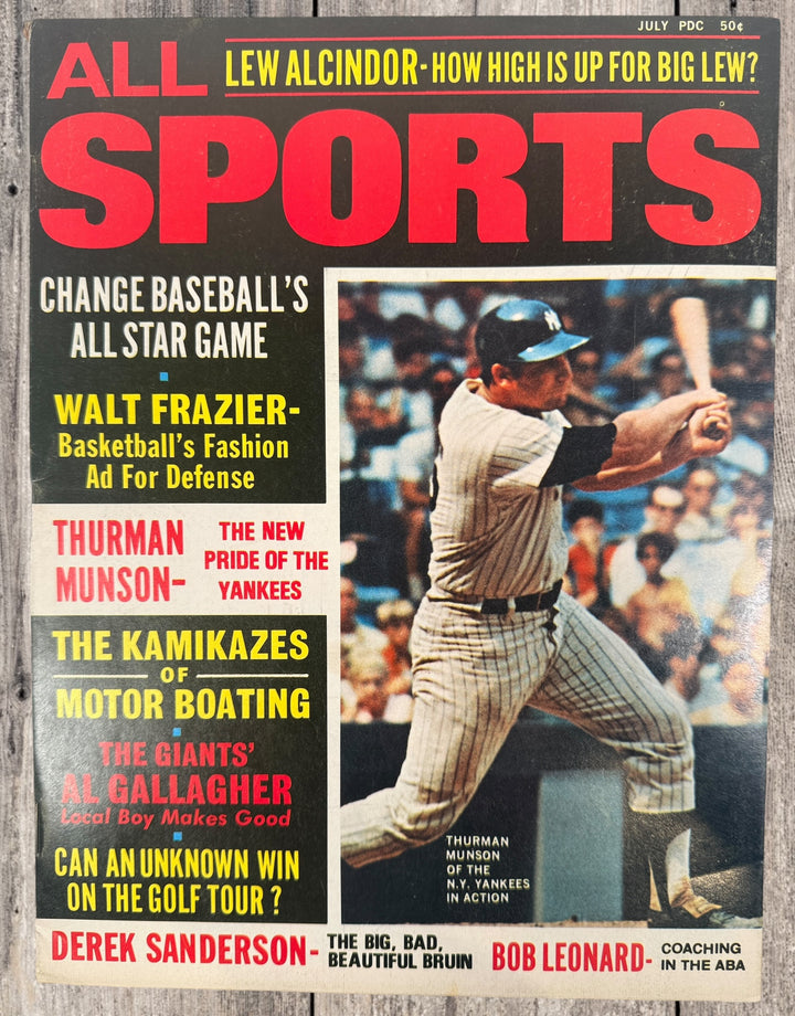 Vintage All Sports Magazine July 1971 featuring Thurman Munson, Lew Alcindor, Walt Frazier and Yankees baseball coverage. Collectible sports publication.