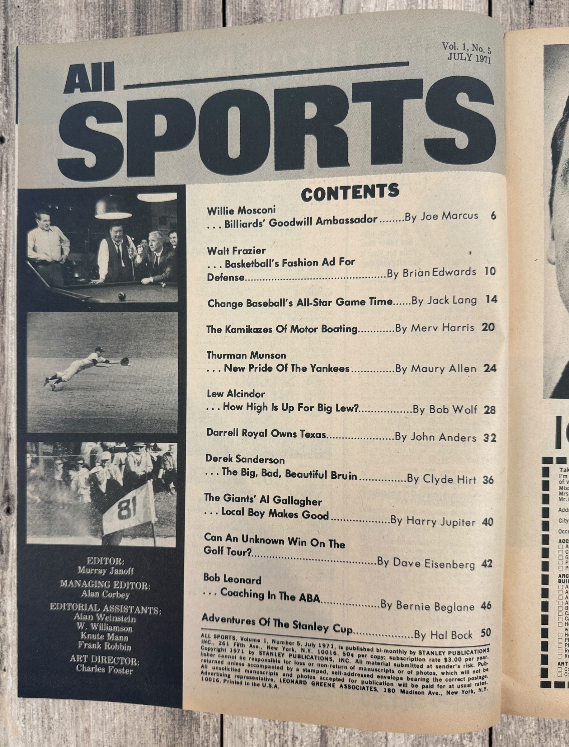 Vintage All Sports Magazine July 1971 featuring Thurman Munson, Lew Alcindor, Walt Frazier and Yankees baseball coverage. Collectible sports publication.