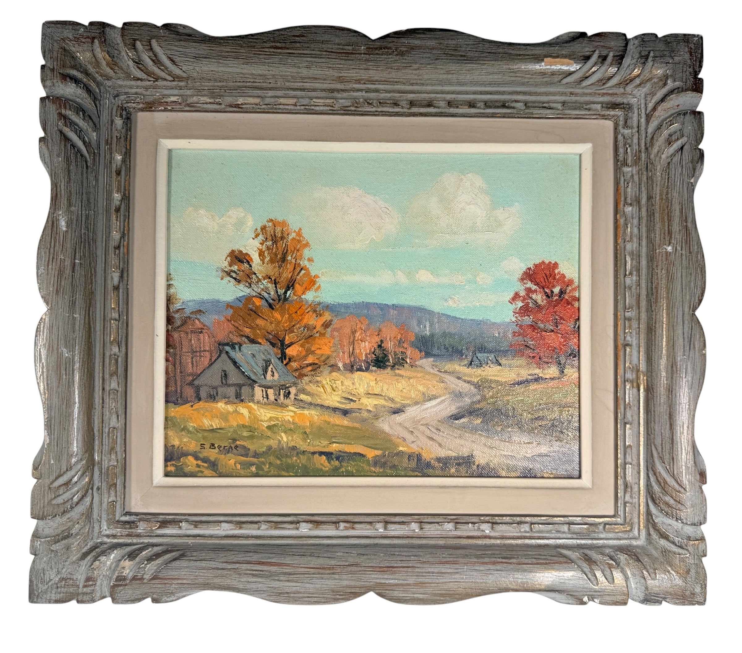Original signed S. Berne oil painting featuring a colorful autumn countryside landscape in a carved vintage frame. Ideal farmhouse or cottage decor.