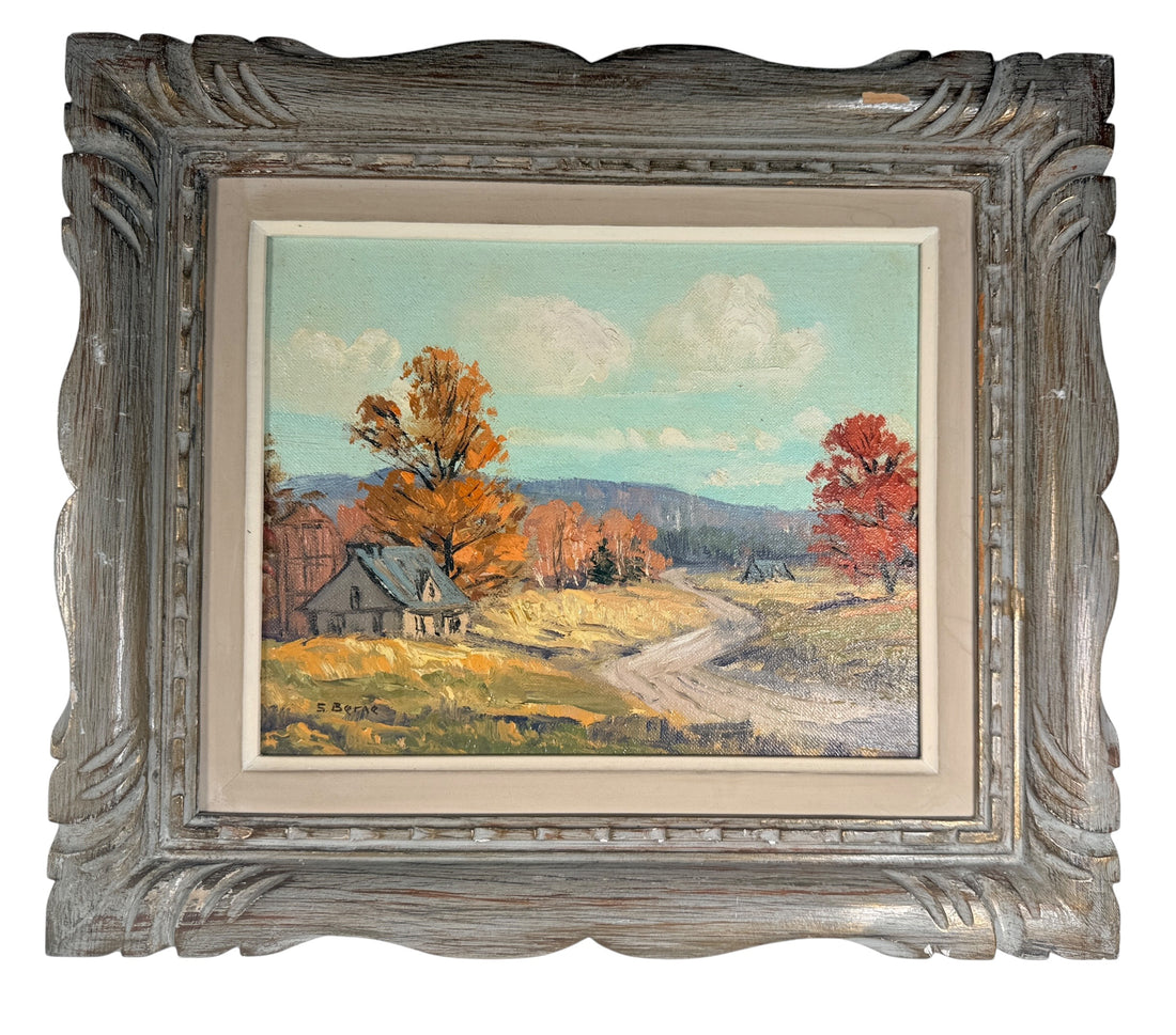 Original signed S. Berne oil painting featuring a colorful autumn countryside landscape in a carved vintage frame. Ideal farmhouse or cottage decor.