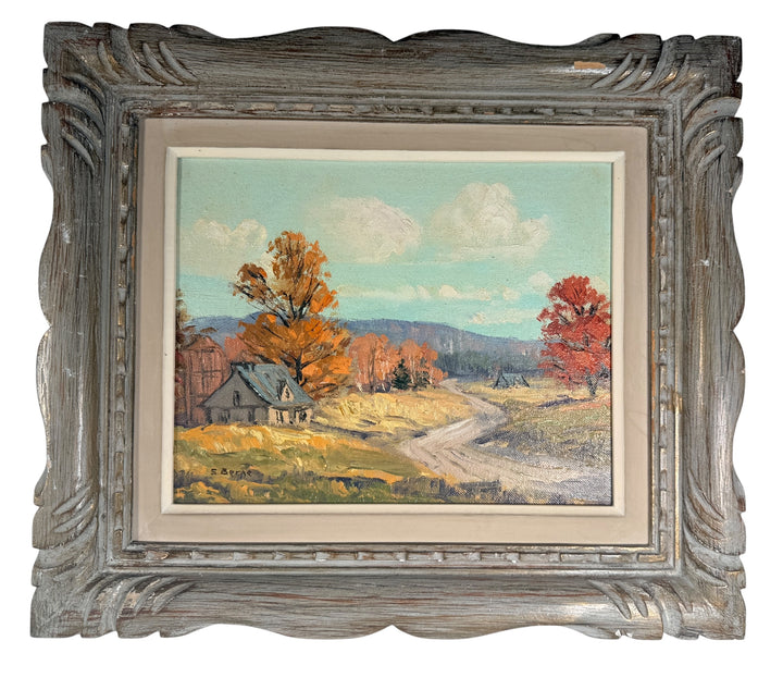 Original signed S. Berne oil painting featuring a colorful autumn countryside landscape in a carved vintage frame. Ideal farmhouse or cottage decor.