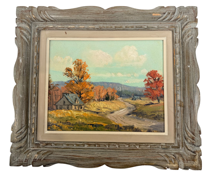 Original signed S. Berne oil painting featuring a colorful autumn countryside landscape in a carved vintage frame. Ideal farmhouse or cottage decor.