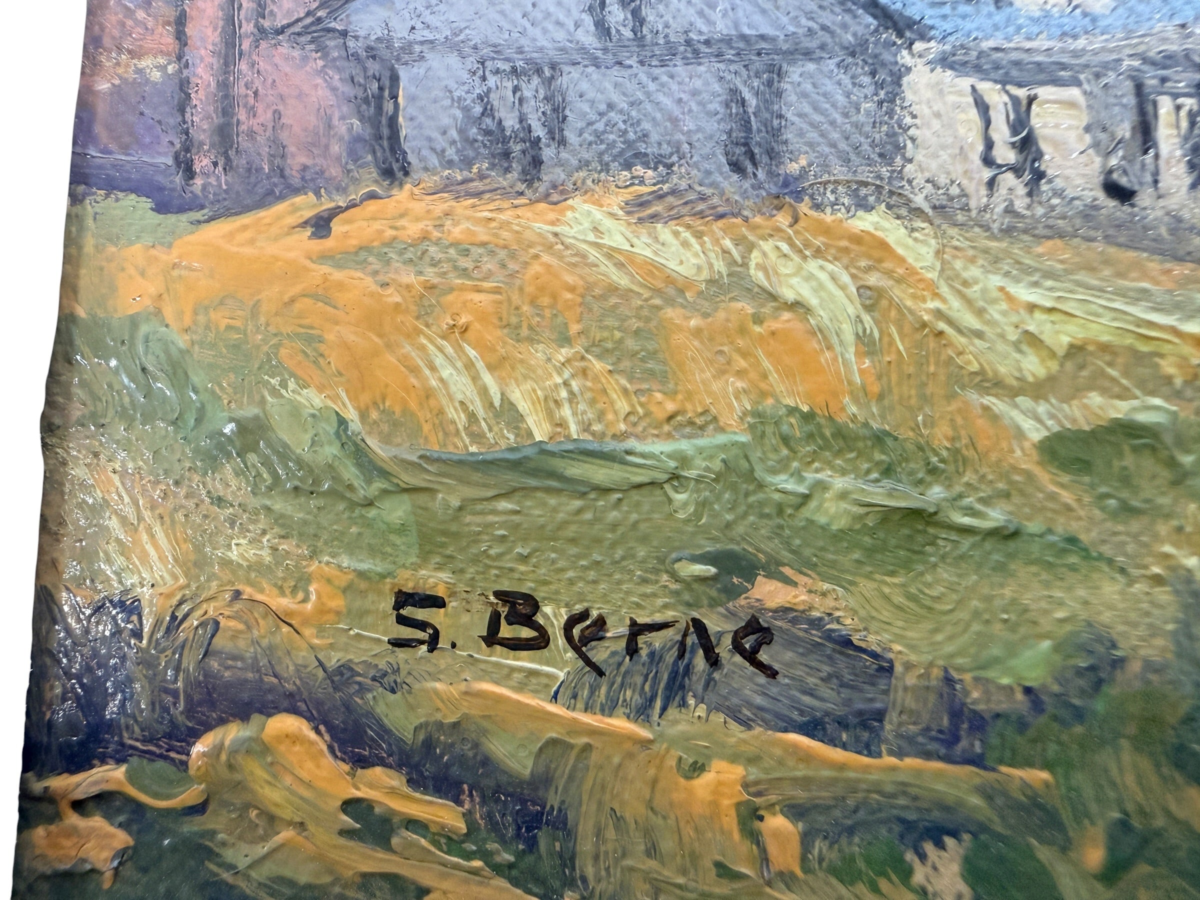 Original signed S. Berne oil painting featuring a colorful autumn countryside landscape in a carved vintage frame. Ideal farmhouse or cottage decor.