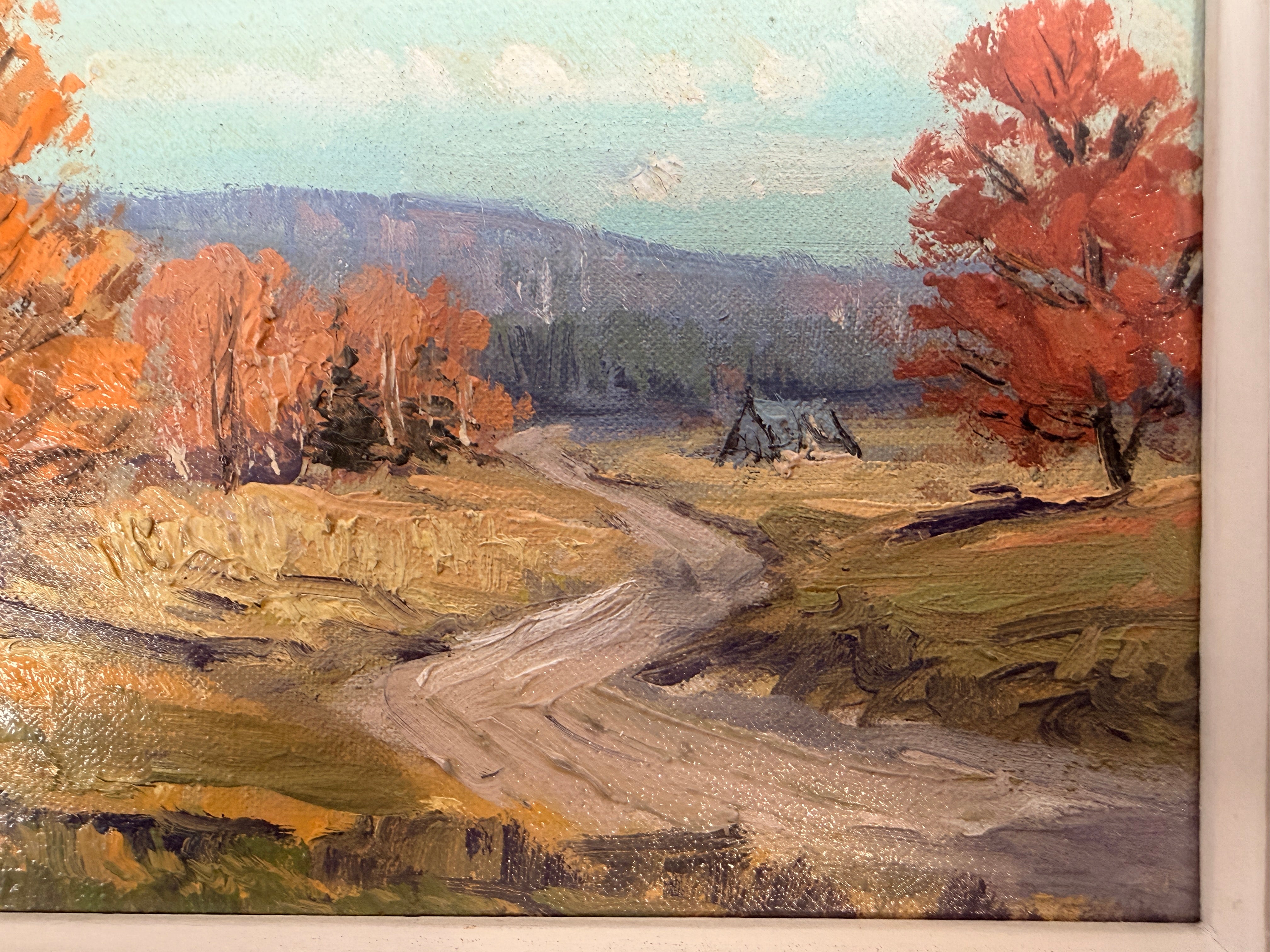 Original signed S. Berne oil painting featuring a colorful autumn countryside landscape in a carved vintage frame. Ideal farmhouse or cottage decor.