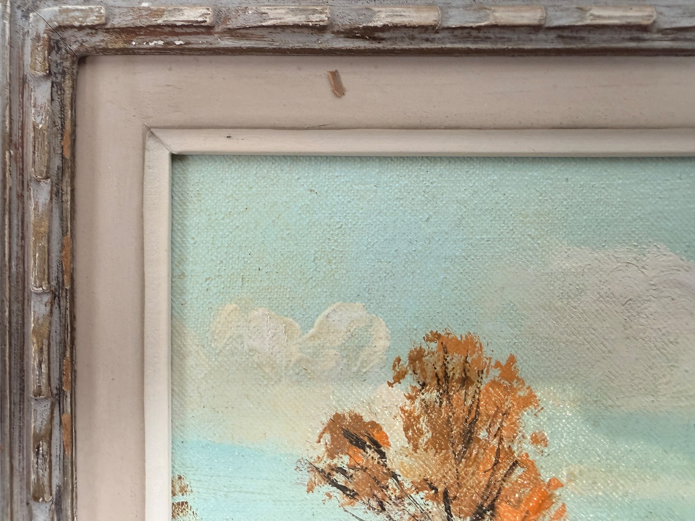 Original signed S. Berne oil painting featuring a colorful autumn countryside landscape in a carved vintage frame. Ideal farmhouse or cottage decor.