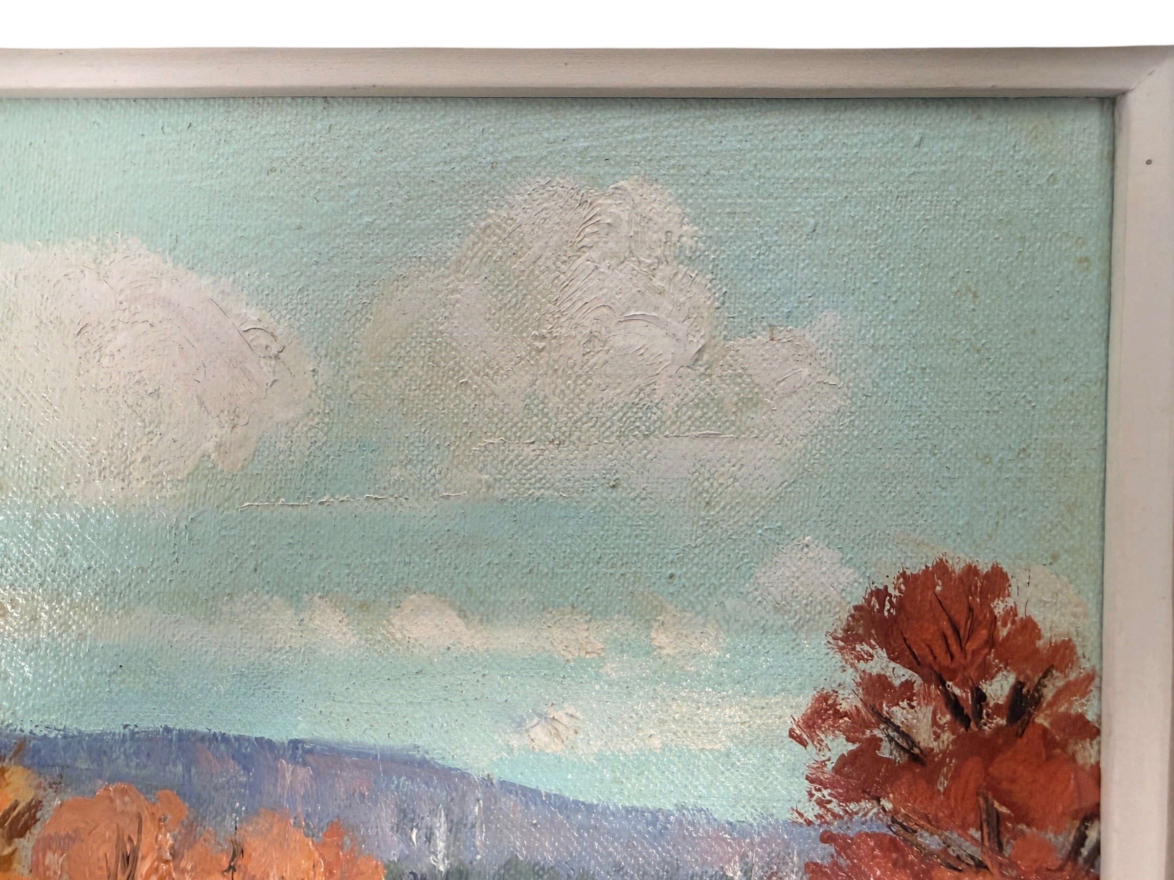 Original signed S. Berne oil painting featuring a colorful autumn countryside landscape in a carved vintage frame. Ideal farmhouse or cottage decor.