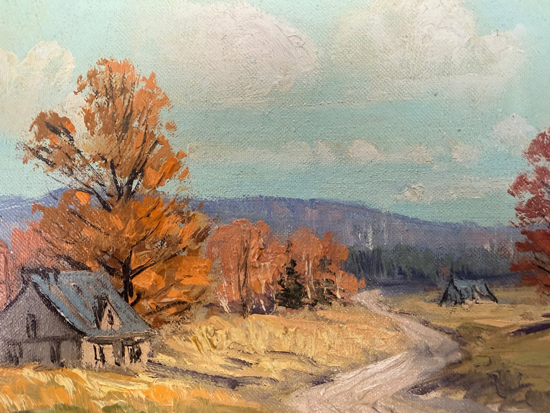 Original signed S. Berne oil painting featuring a colorful autumn countryside landscape in a carved vintage frame. Ideal farmhouse or cottage decor.
