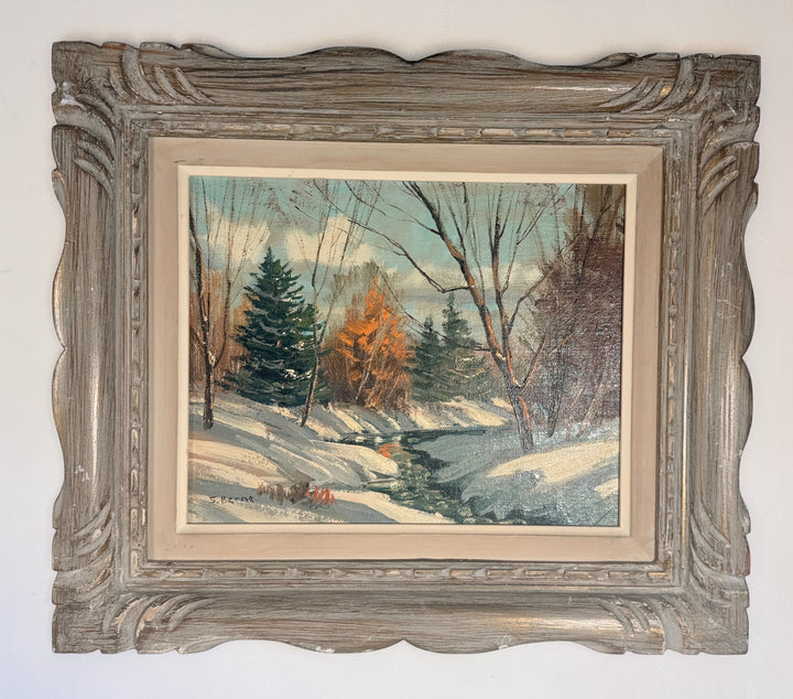 Original signed S. Berne oil painting featuring a serene winter landscape with a winding creek, framed in decorative carved wood. Ideal cottage and rustic décor.