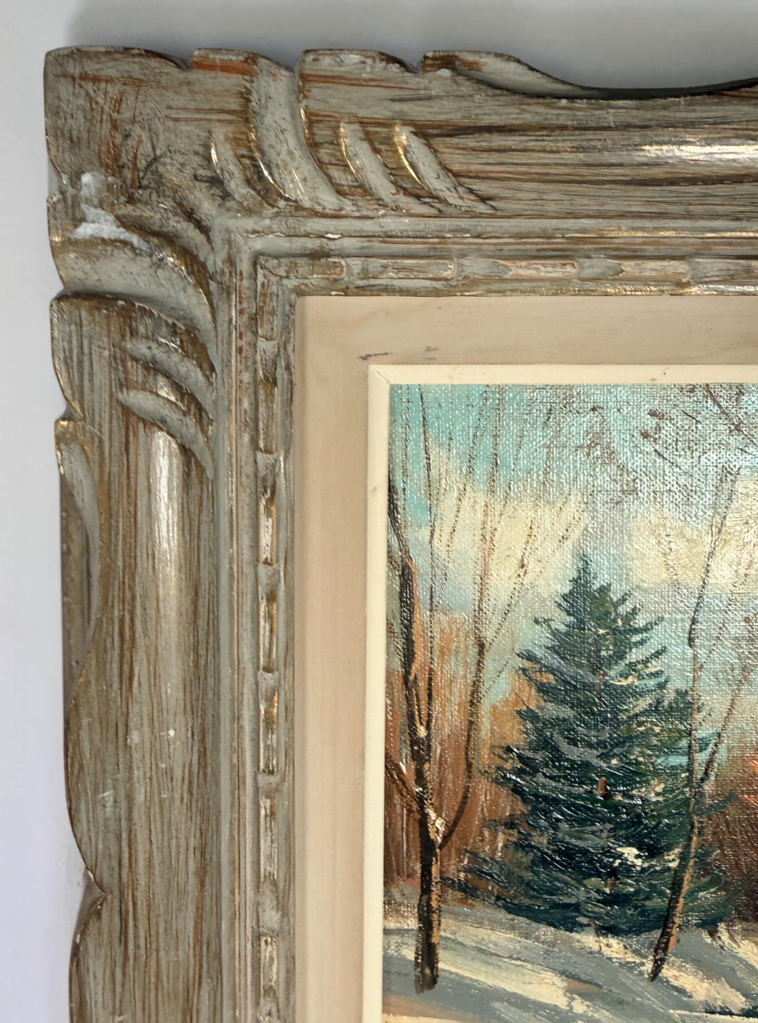 Original signed S. Berne oil painting featuring a serene winter landscape with a winding creek, framed in decorative carved wood. Ideal cottage and rustic décor.