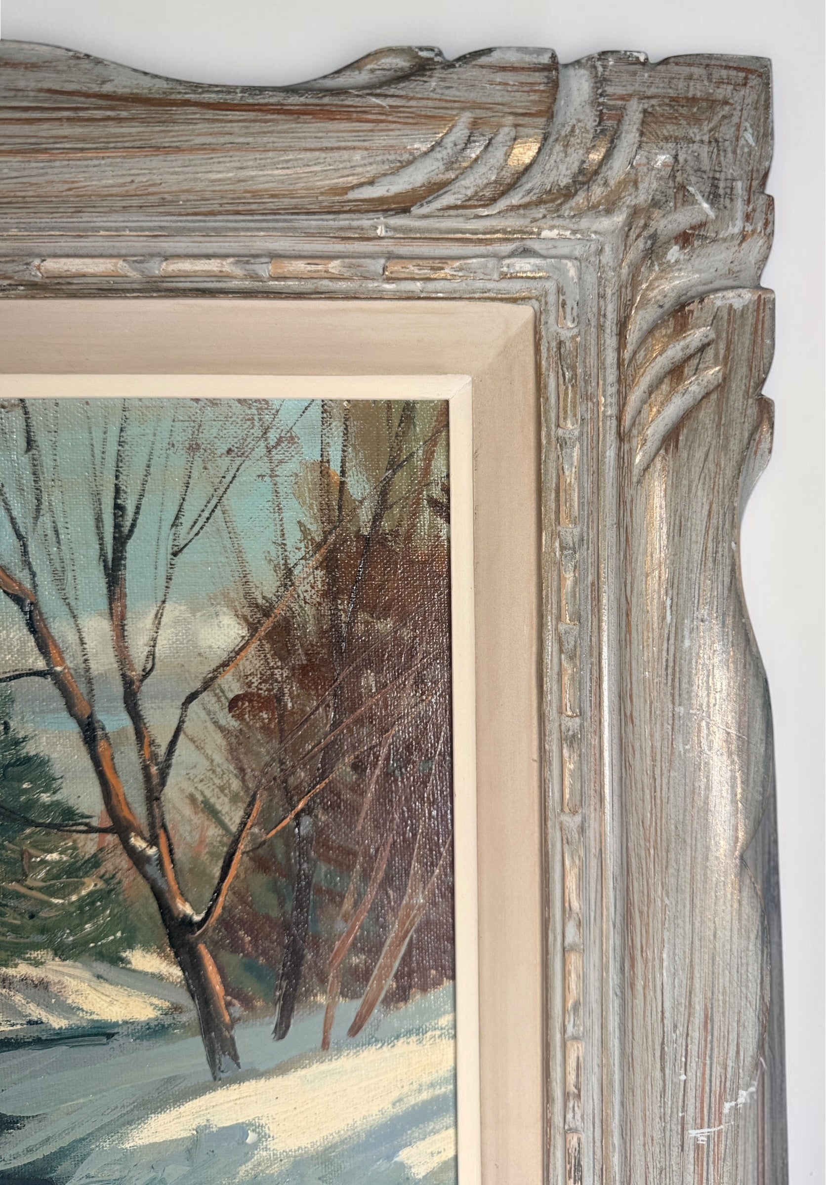 Original signed S. Berne oil painting featuring a serene winter landscape with a winding creek, framed in decorative carved wood. Ideal cottage and rustic décor.