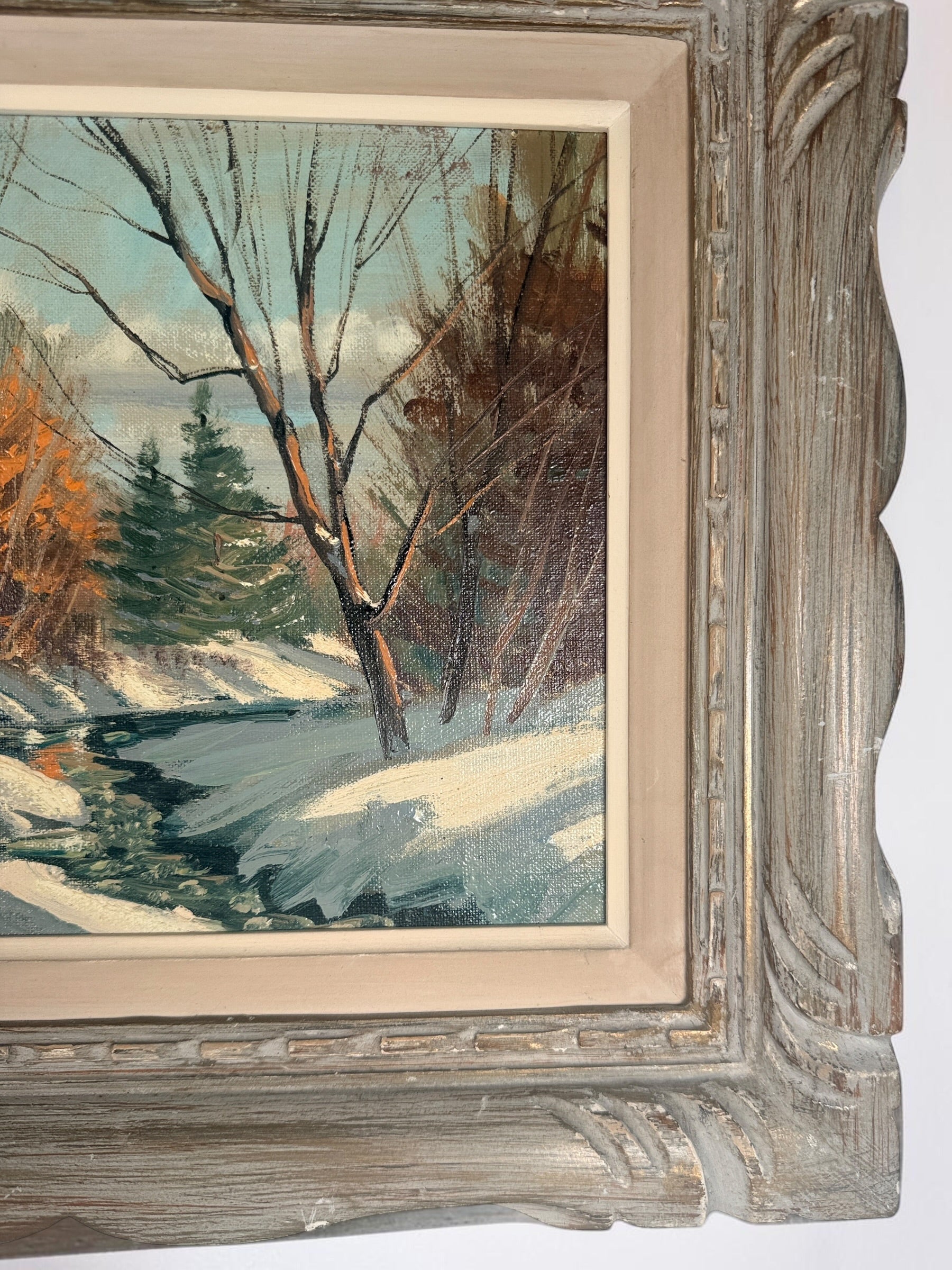 Original signed S. Berne oil painting featuring a serene winter landscape with a winding creek, framed in decorative carved wood. Ideal cottage and rustic décor.