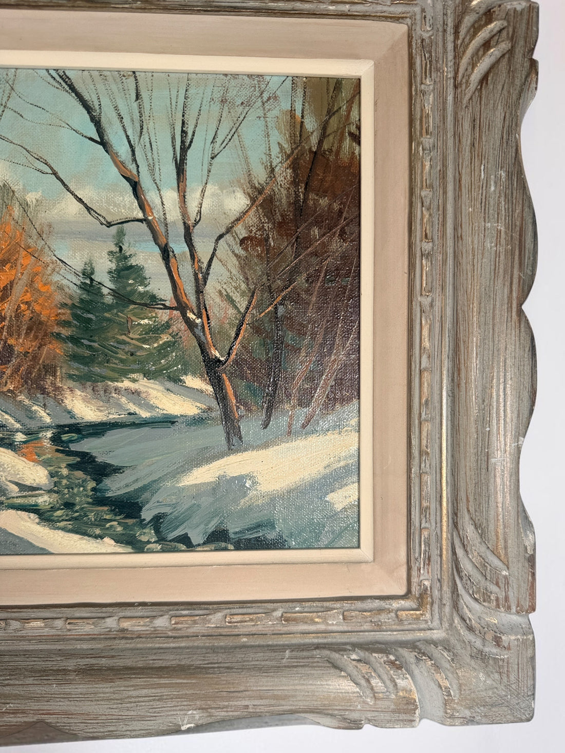 Original signed S. Berne oil painting featuring a serene winter landscape with a winding creek, framed in decorative carved wood. Ideal cottage and rustic décor.
