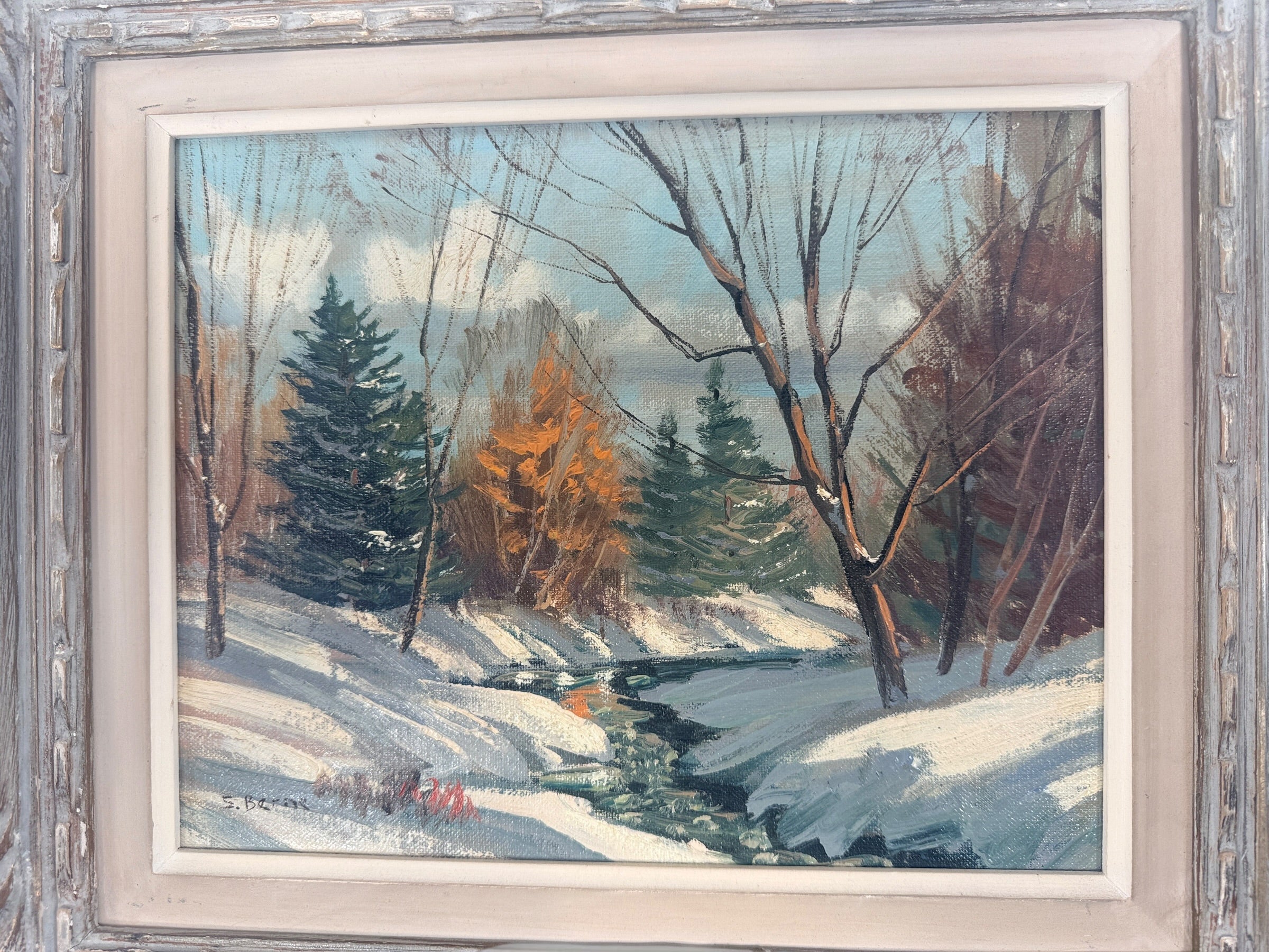 Original signed S. Berne oil painting featuring a serene winter landscape with a winding creek, framed in decorative carved wood. Ideal cottage and rustic décor.