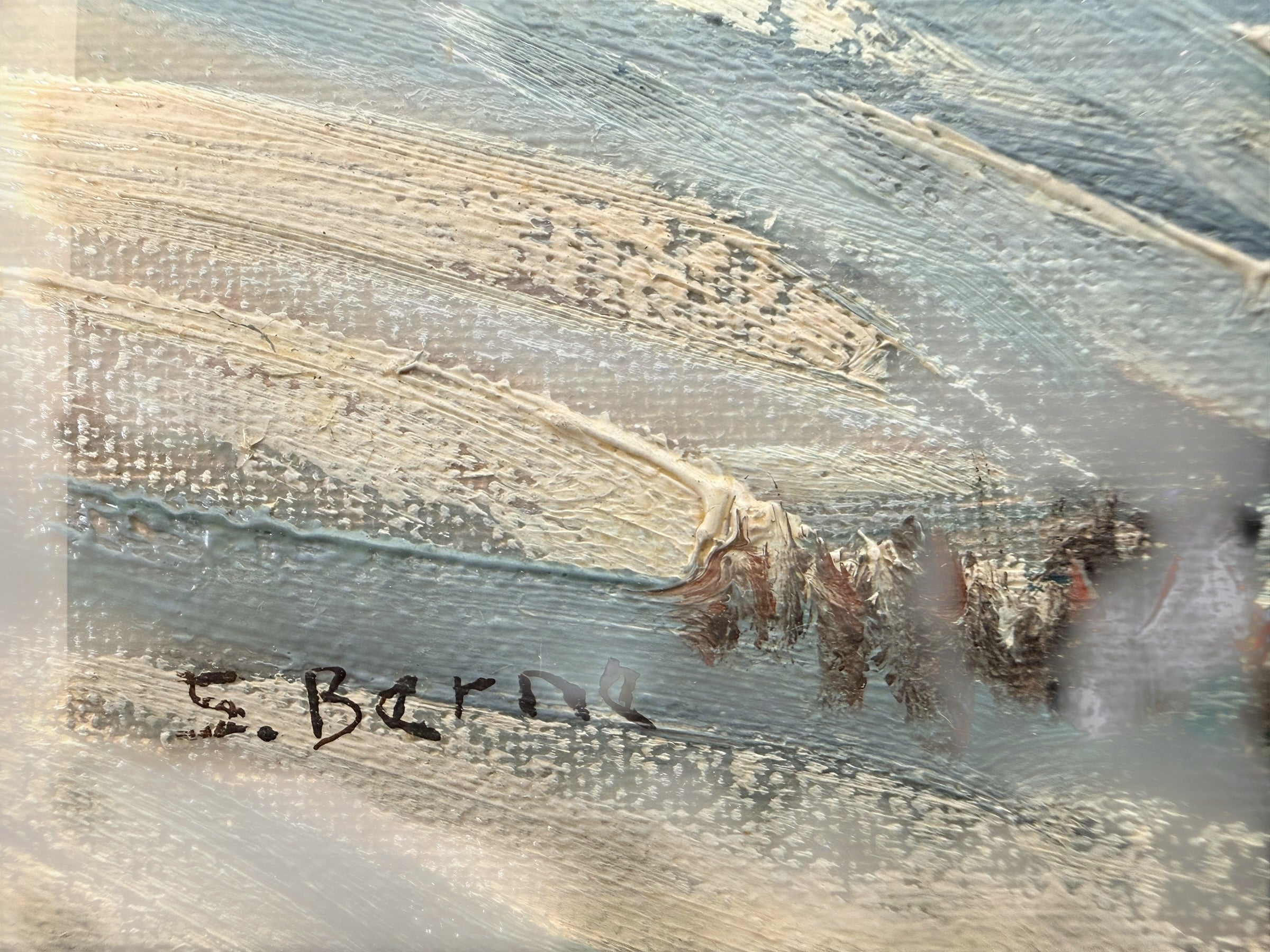 Original signed S. Berne oil painting featuring a serene winter landscape with a winding creek, framed in decorative carved wood. Ideal cottage and rustic décor.