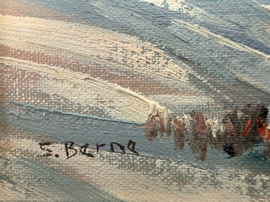 Original signed S. Berne oil painting featuring a serene winter landscape with a winding creek, framed in decorative carved wood. Ideal cottage and rustic décor.