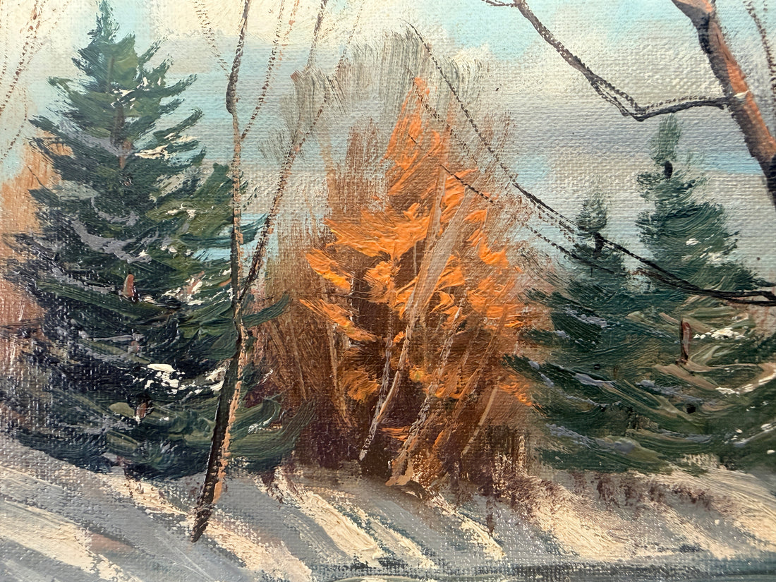Original signed S. Berne oil painting featuring a serene winter landscape with a winding creek, framed in decorative carved wood. Ideal cottage and rustic décor.