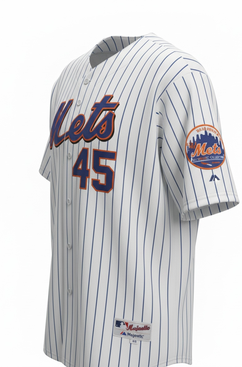 Authentic Majestic New York Mets Pedro Martinez #45 jersey in size XXL. Official MLB licensed pinstripe jersey with sewn graphics and Mets sleeve patch.
