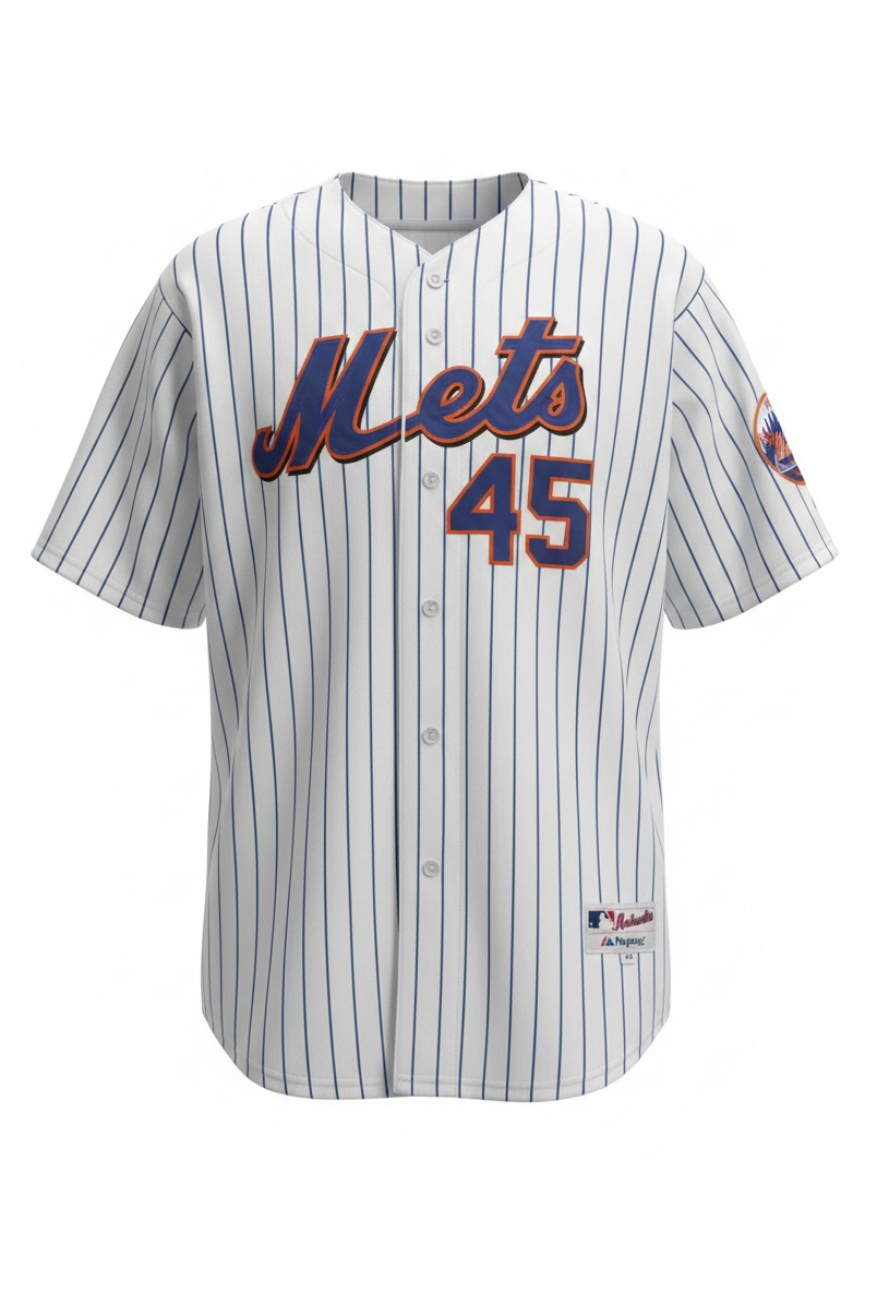 Authentic Majestic New York Mets Pedro Martinez #45 jersey in size XXL. Official MLB licensed pinstripe jersey with sewn graphics and Mets sleeve patch.
