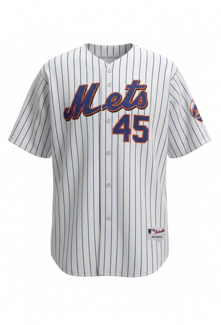 Authentic Majestic New York Mets Pedro Martinez #45 jersey in size XXL. Official MLB licensed pinstripe jersey with sewn graphics and Mets sleeve patch.