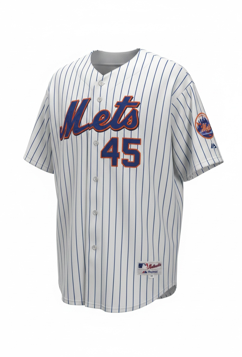 Authentic Majestic New York Mets Pedro Martinez #45 jersey in size XXL. Official MLB licensed pinstripe jersey with sewn graphics and Mets sleeve patch.
