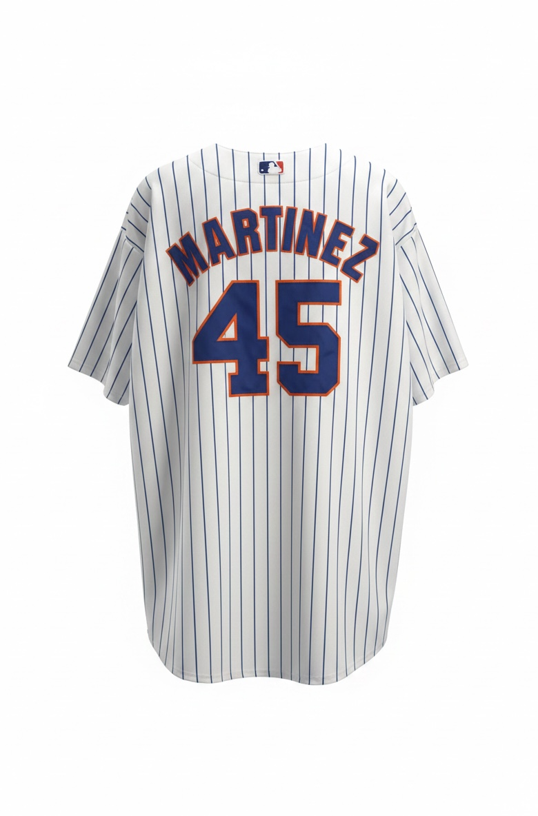 Authentic Majestic New York Mets Pedro Martinez #45 jersey in size XXL. Official MLB licensed pinstripe jersey with sewn graphics and Mets sleeve patch.