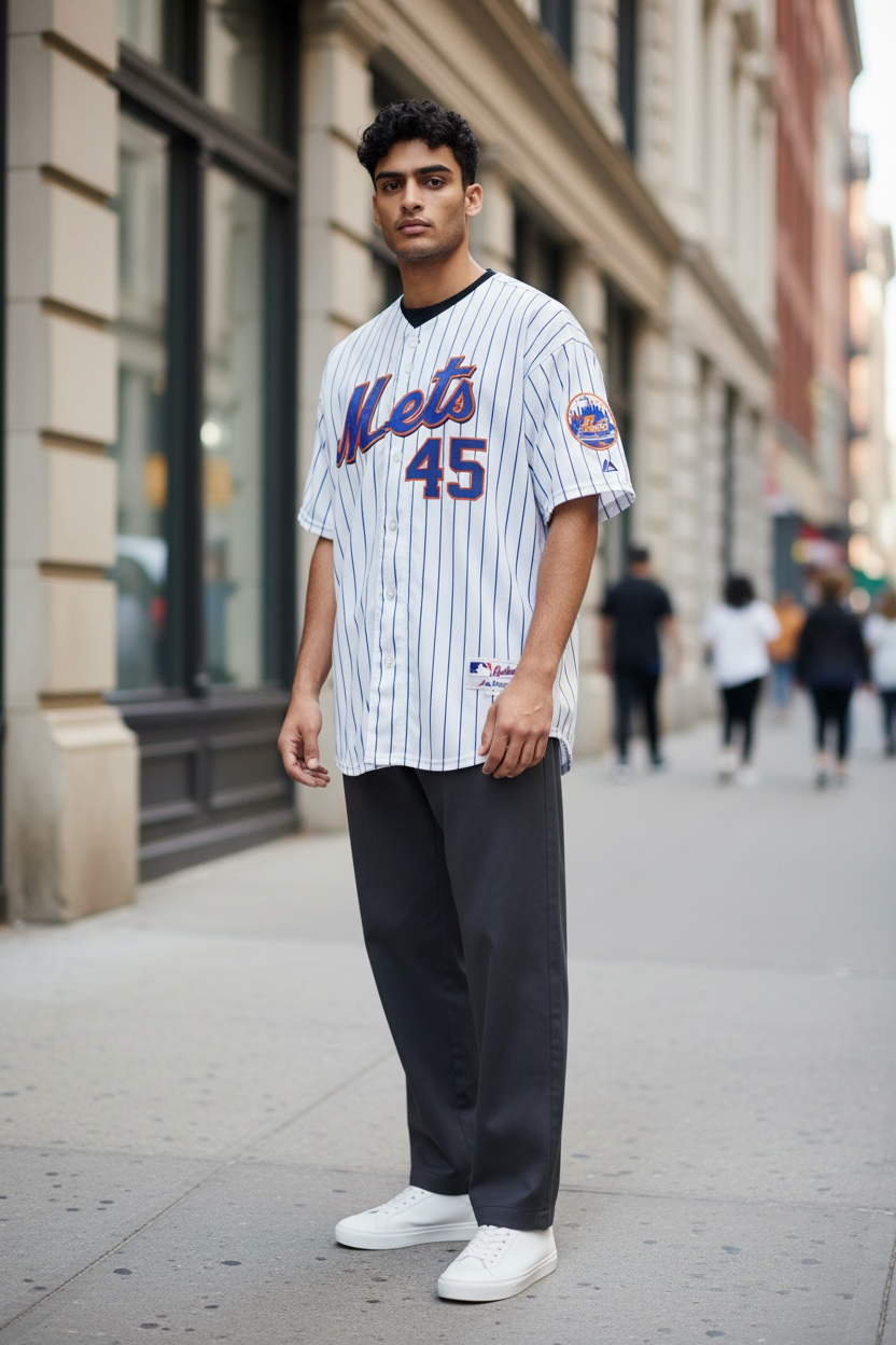 Authentic Majestic New York Mets Pedro Martinez #45 jersey in size XXL. Official MLB licensed pinstripe jersey with sewn graphics and Mets sleeve patch.