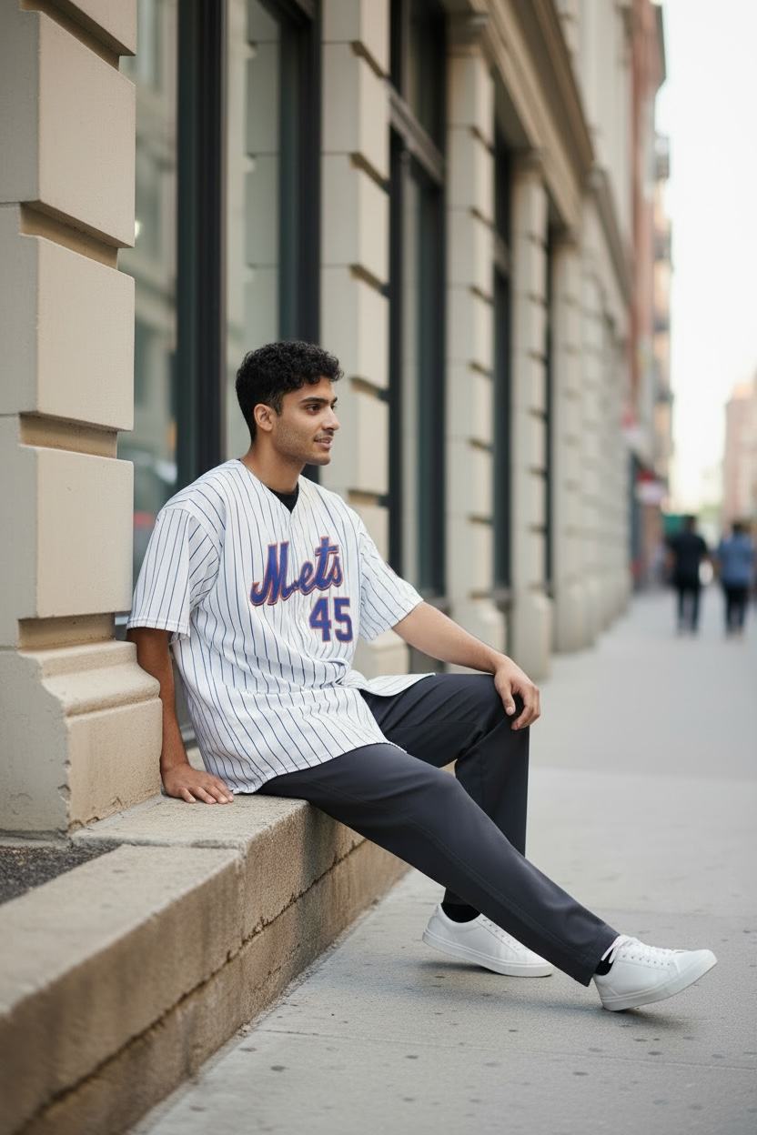 Authentic Majestic New York Mets Pedro Martinez #45 jersey in size XXL. Official MLB licensed pinstripe jersey with sewn graphics and Mets sleeve patch.