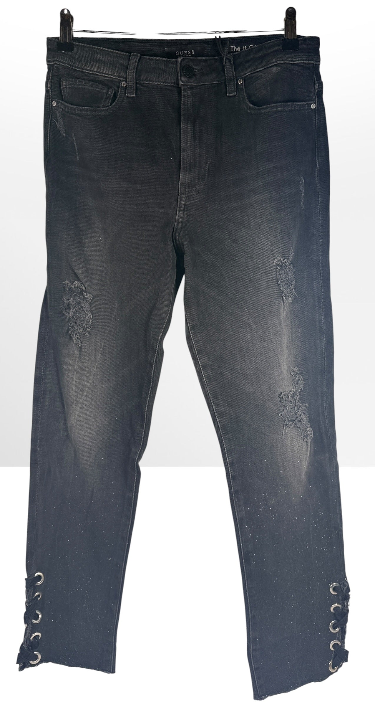 NWT GUESS The It Girl Skinny jeans in Glitter Punk wash. Black distressed stretch denim with shimmer finish, lace-up ankle details, and original tags, size 29.