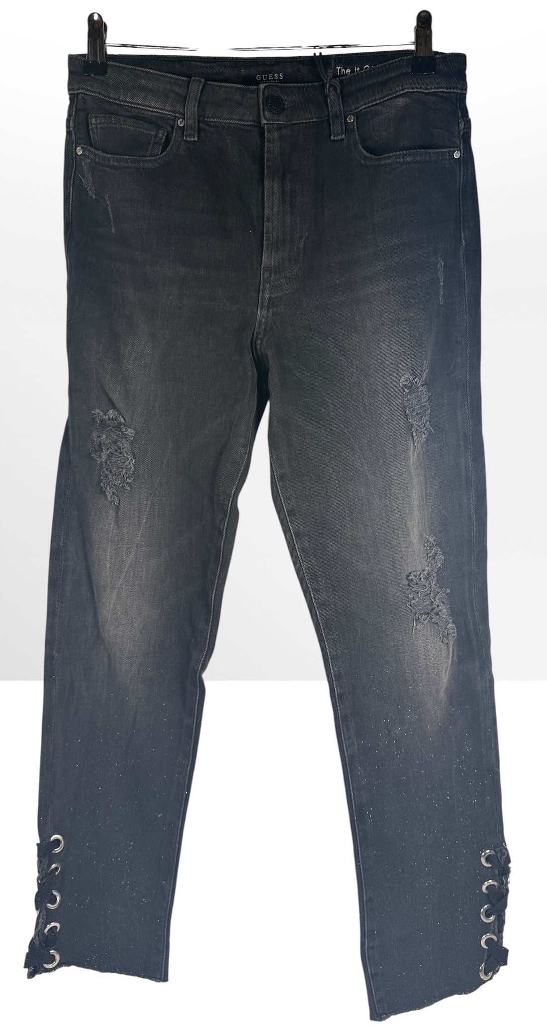 NWT GUESS The It Girl Skinny jeans in Glitter Punk wash. Black distressed stretch denim with shimmer finish, lace-up ankle details, and original tags, size 29.